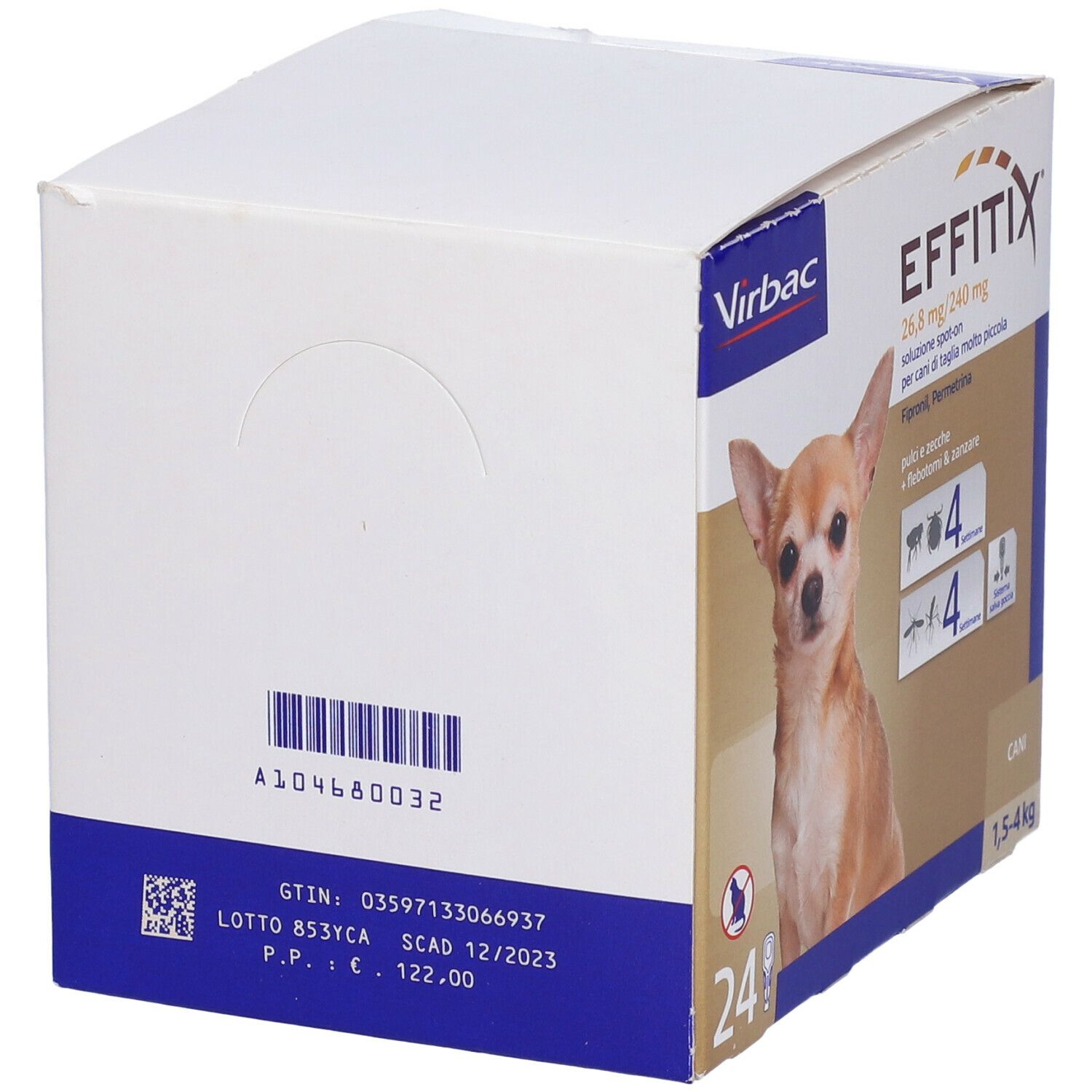 Scatola EFFITIX per cani 1,5-4 kg, 24 pipette. Contiene Fipronil e Permetrina. Retro con codice a barre e informazioni.
