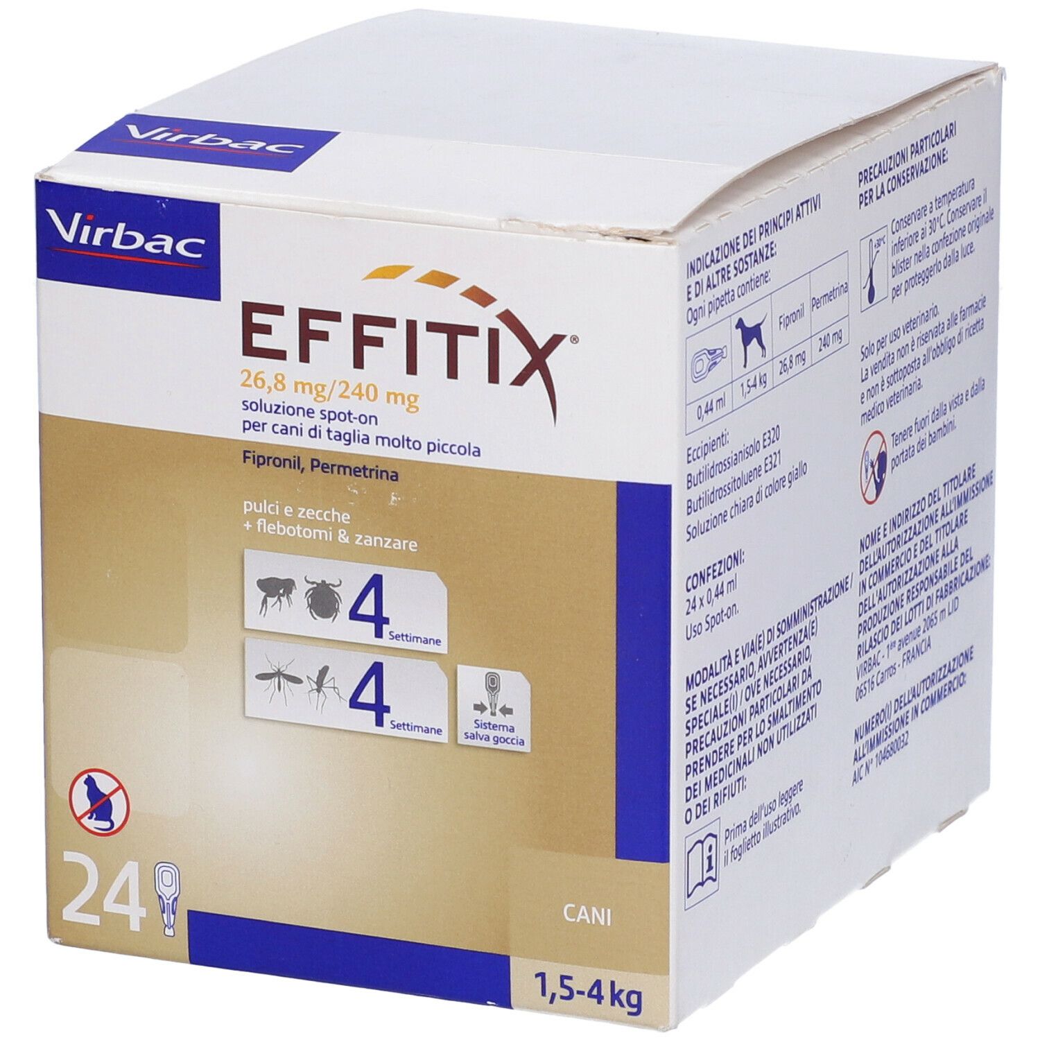 Scatola EFFITIX per cani 1,5-4 kg, 24 pipette. Contiene Fipronil e Permetrina. Retro con informazioni.