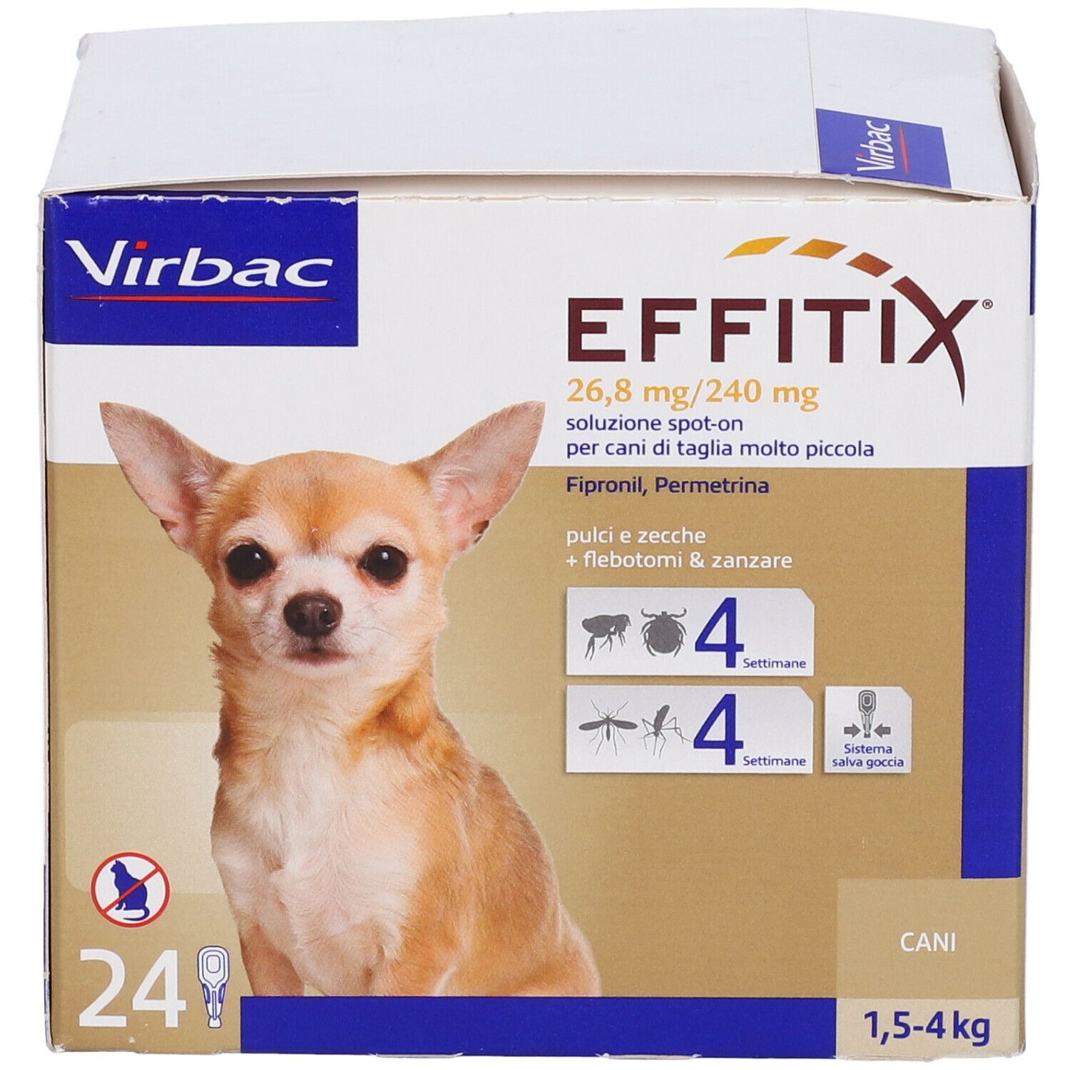 Scatola EFFITIX per cani 1,5-4 kg, 24 pipette. Contiene Fipronil e Permetrina. Immagine di un cane.