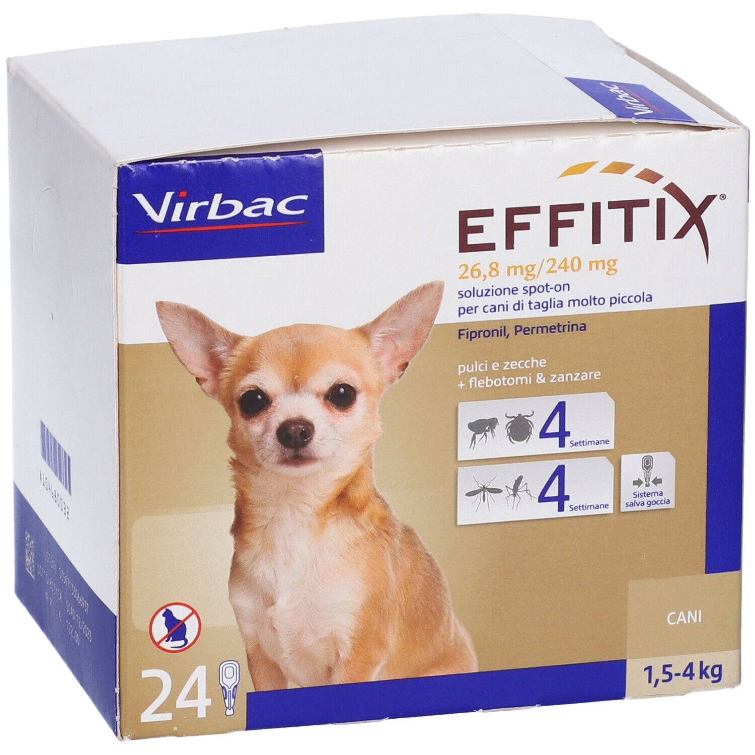 Scatola EFFITIX per cani 1,5-4 kg, 24 pipette. Contiene Fipronil e Permetrina. Immagine di un cane.
