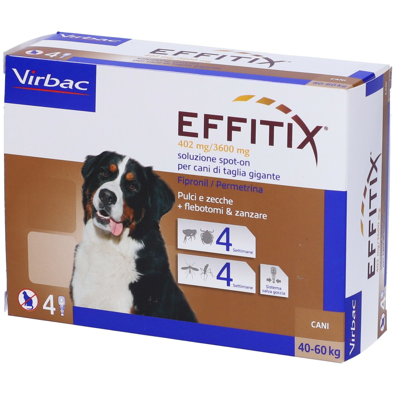 Confezione EFFITIX per cani 40-60 kg. Contiene 4 pipette. Fipronil e Permetrina.
