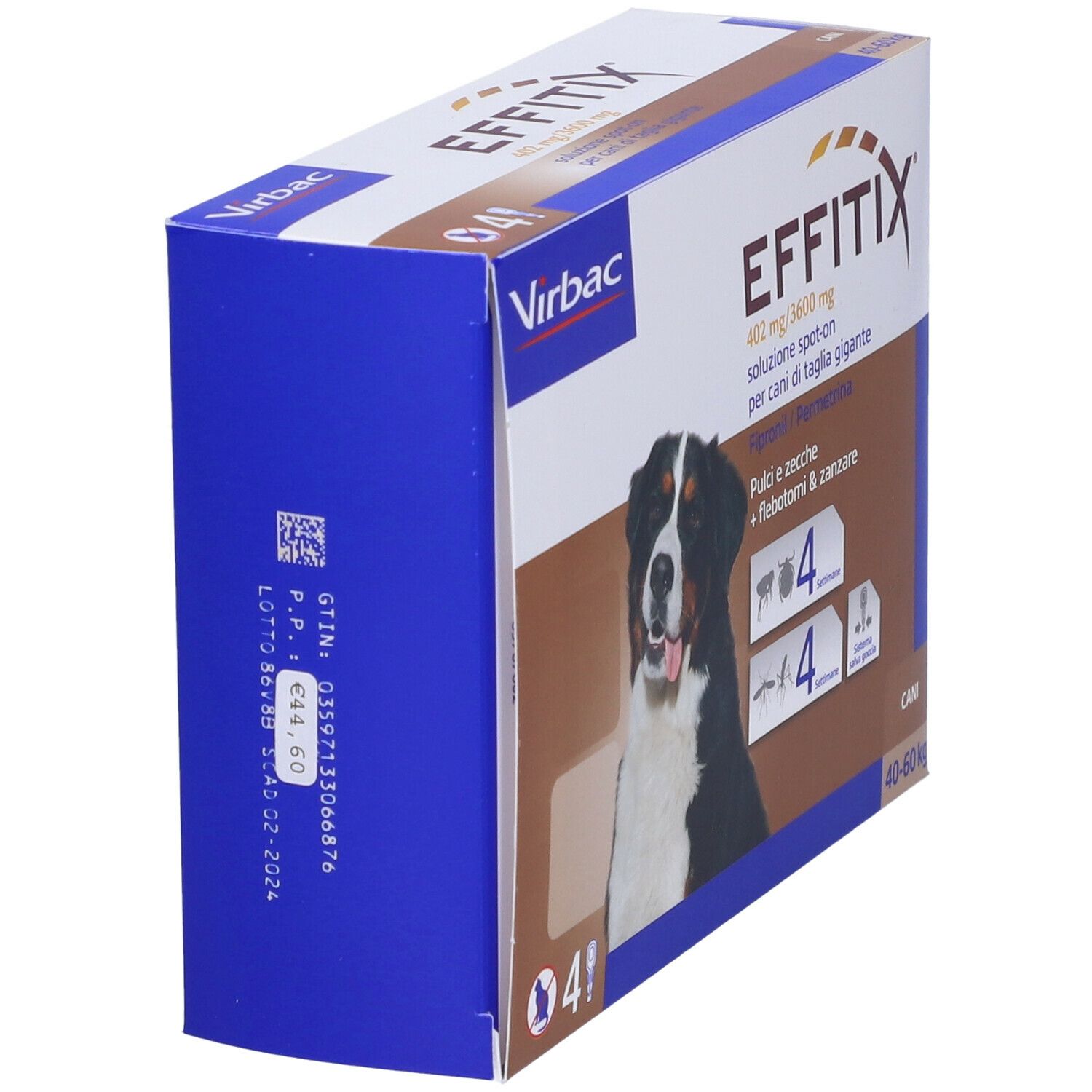 Vista laterale della confezione EFFITIX. Per cani 40-60 kg. Contiene 4 pipette. Fipronil e Permetrina.