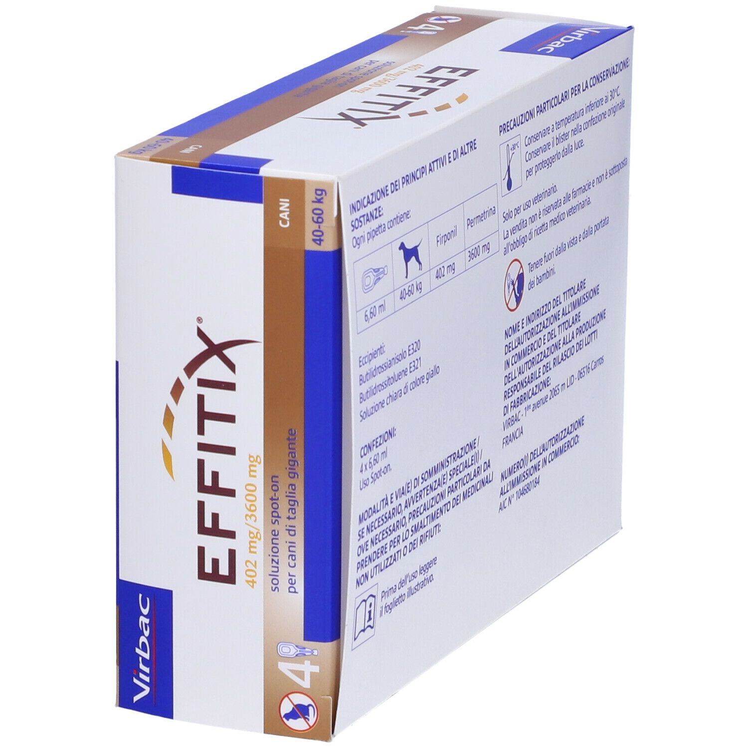 Vista obliqua della confezione EFFITIX. Per cani 40-60 kg. Contiene 4 pipette. Fipronil e Permetrina.