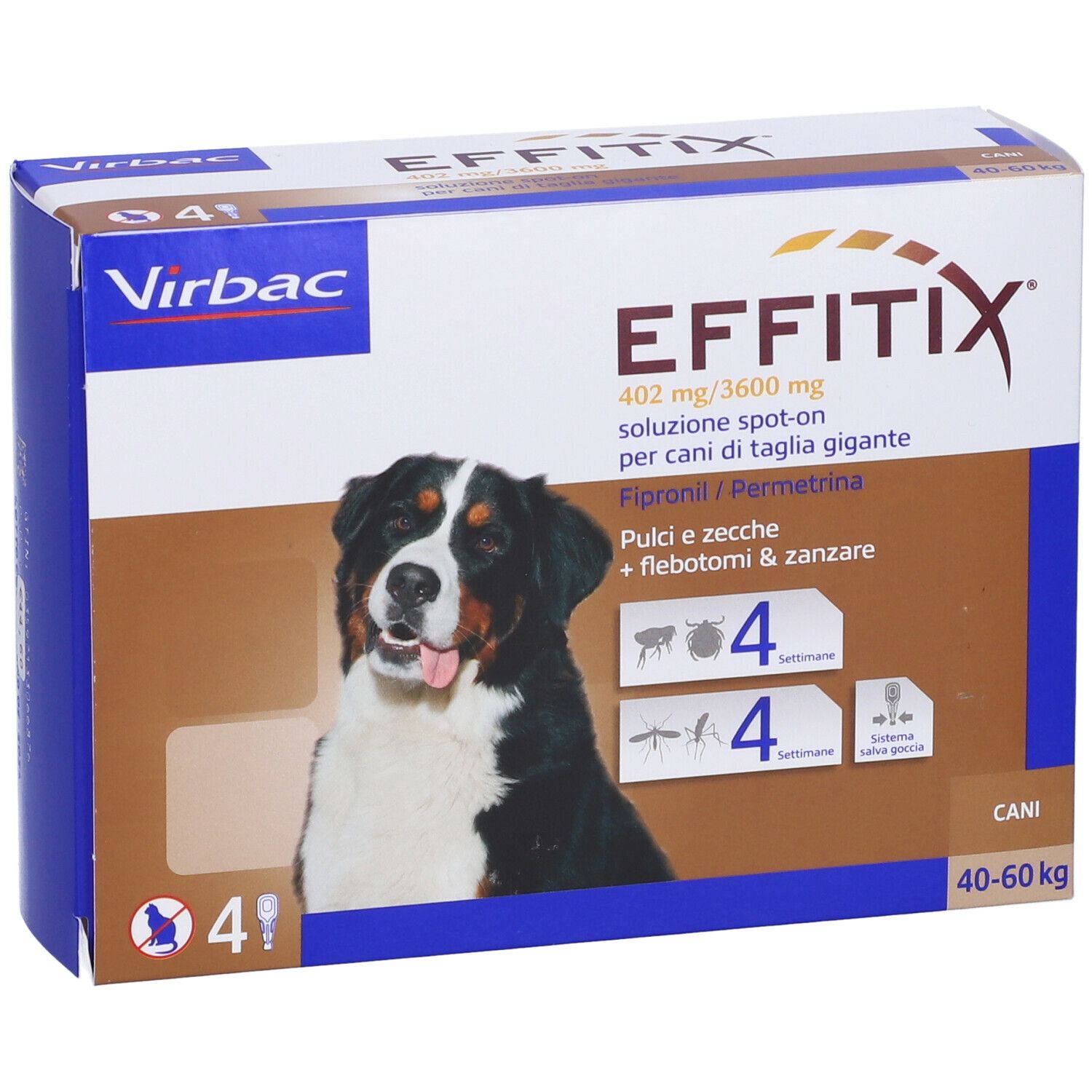 Confezione EFFITIX per cani 40-60 kg. Contiene 4 pipette. Fipronil e Permetrina.