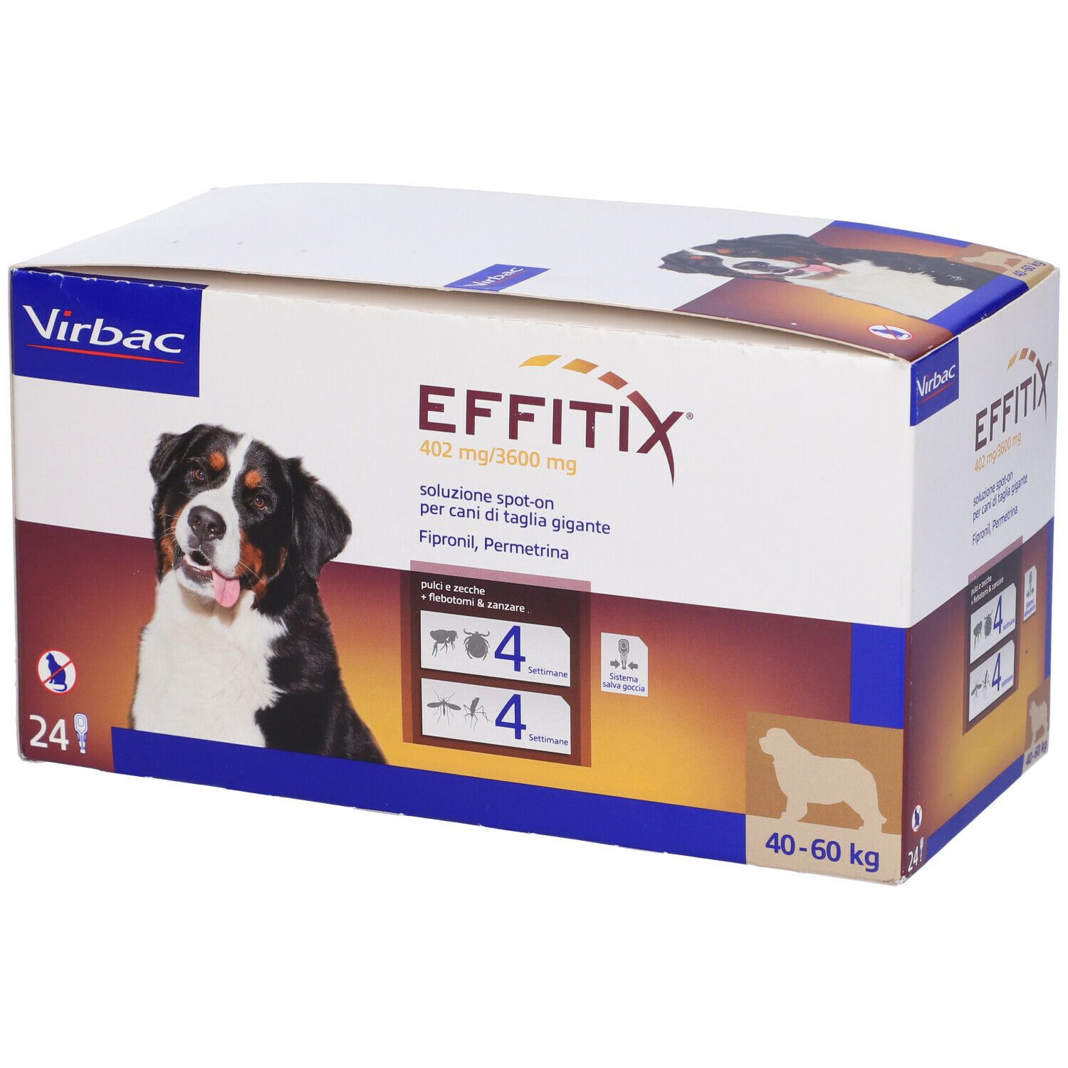 Confezione EFFITIX. Contiene 24 pipette. Contiene fipronil e permetrina. Per cani 40-60 kg.