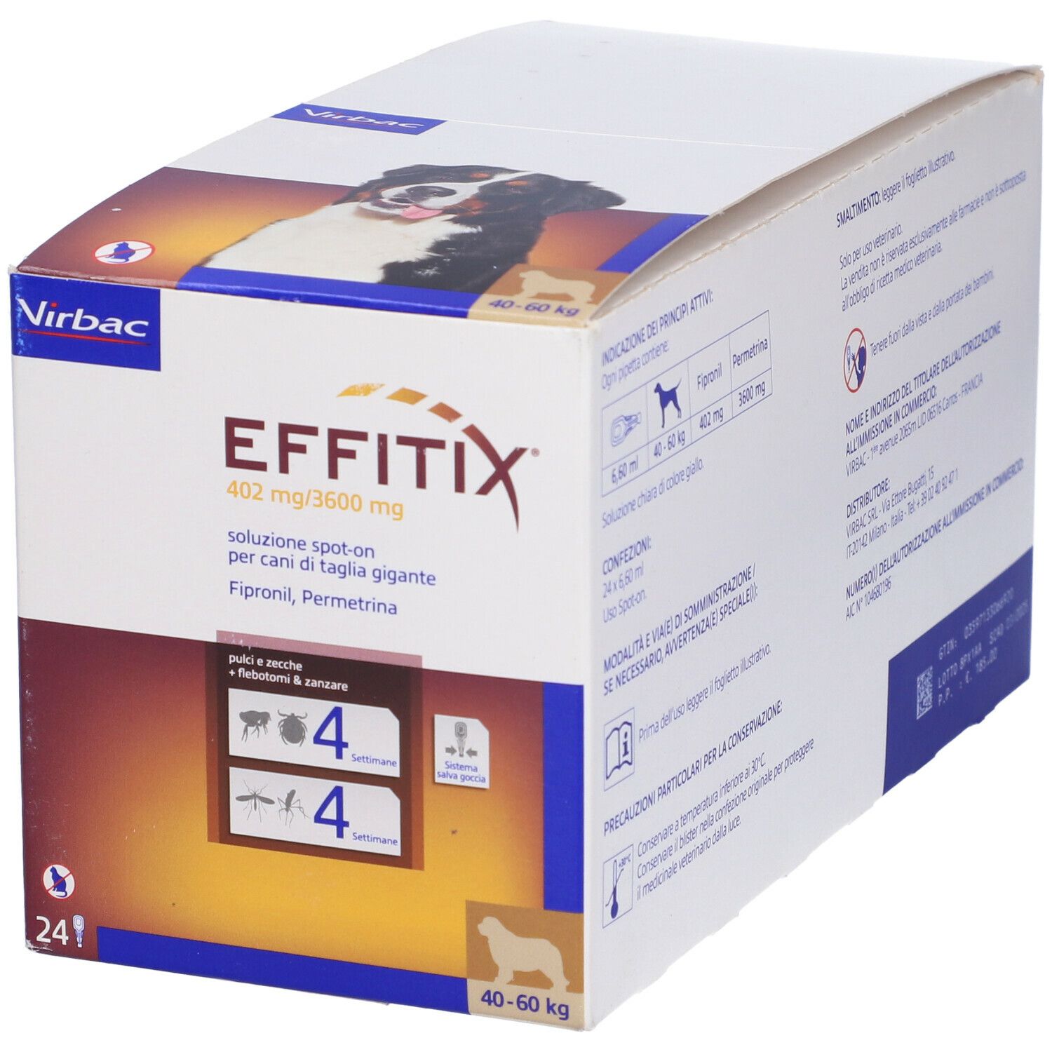 Confezione EFFITIX. Contiene 24 pipette. Contiene fipronil e permetrina. Per cani 40-60 kg.