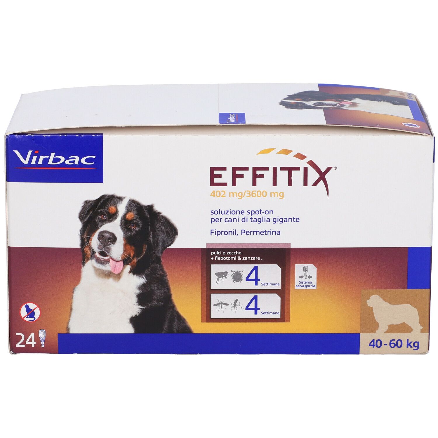 Confezione EFFITIX. Contiene 24 pipette. Contiene fipronil e permetrina. Per cani 40-60 kg.