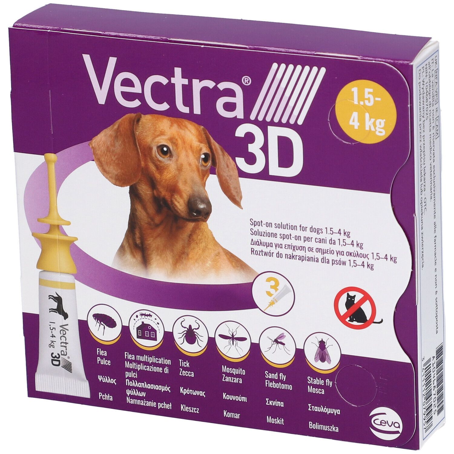 VECTRA 3D spot-on soluz 3 pipette 0,8 ml 44 mg + 3,9 mg + 317 mg cani da 1,5 a 4 Kg, tappo giallo
