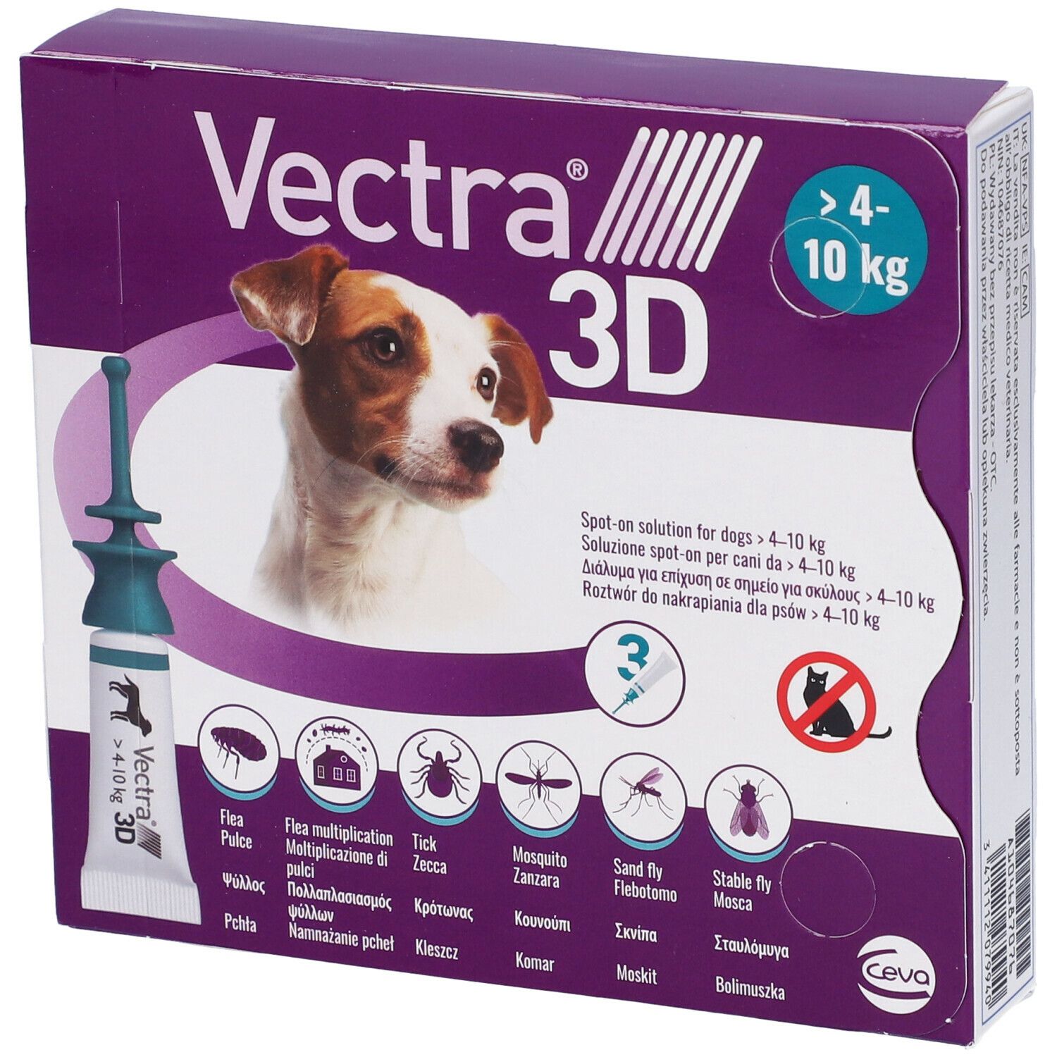 VECTRA 3D spot-on soluz 3 pipette 1,6 ml 87 mg + 7,7 mg + 635 mg cani da 4 a 10 Kg, tappo verde