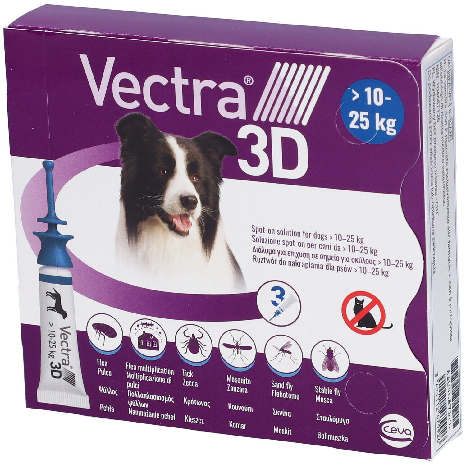 VECTRA 3D spot-on soluz 3 pipette 3,6 ml 196 mg + 17,4 mg + 1.429 mg cani da 10 a 25 Kg, tappo applicatore blu