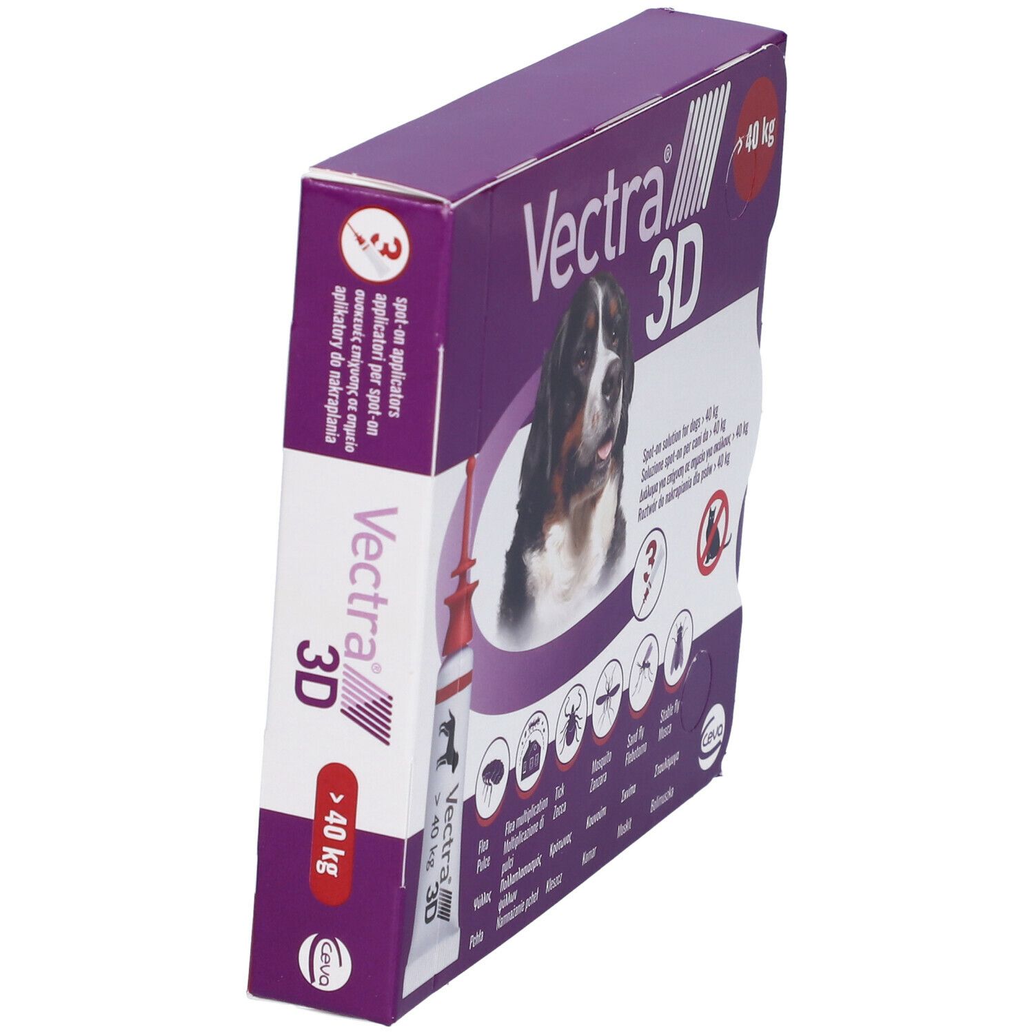 Confezione Vectra 3D per cani > 40 kg. Pipetta visibile. Colori viola e bianco. Forma rettangolare.