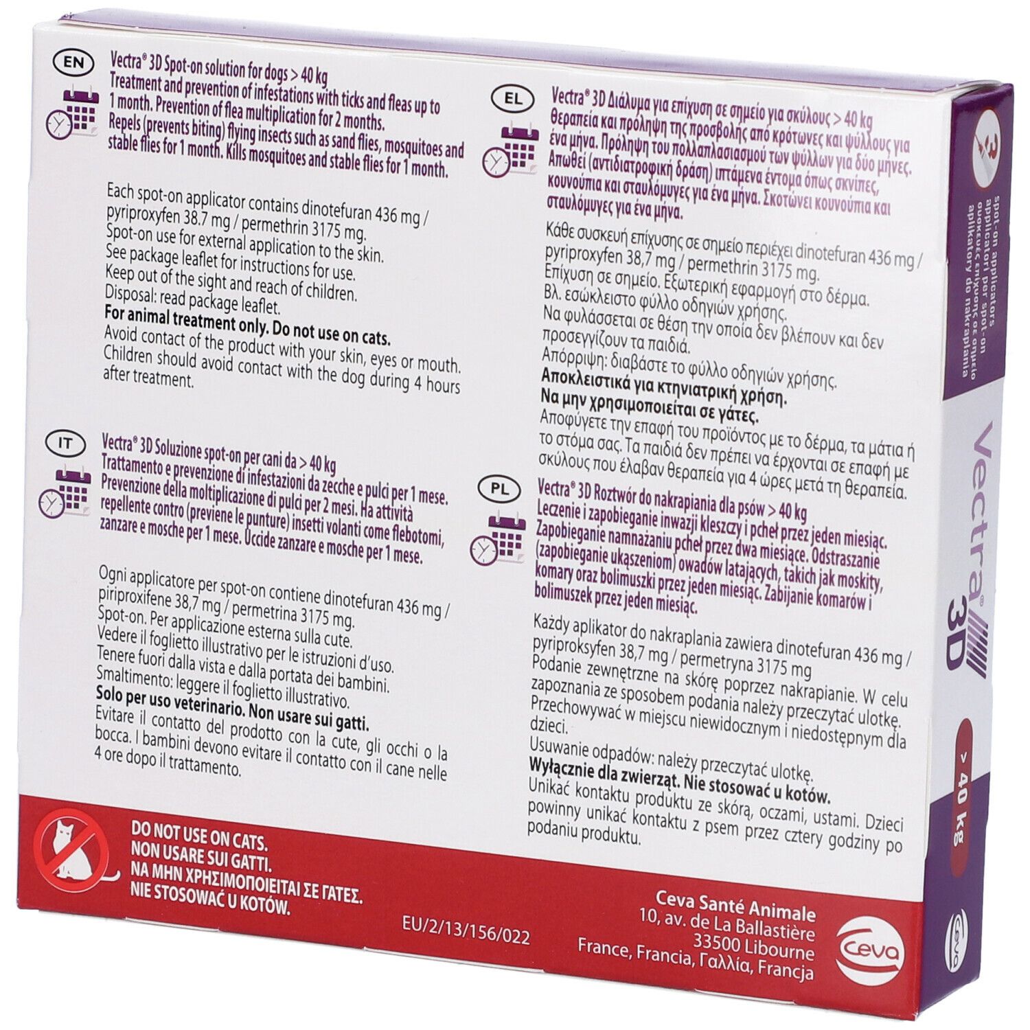 Retro della confezione. Testo multilingue. Avvertenze e istruzioni per l'uso.
