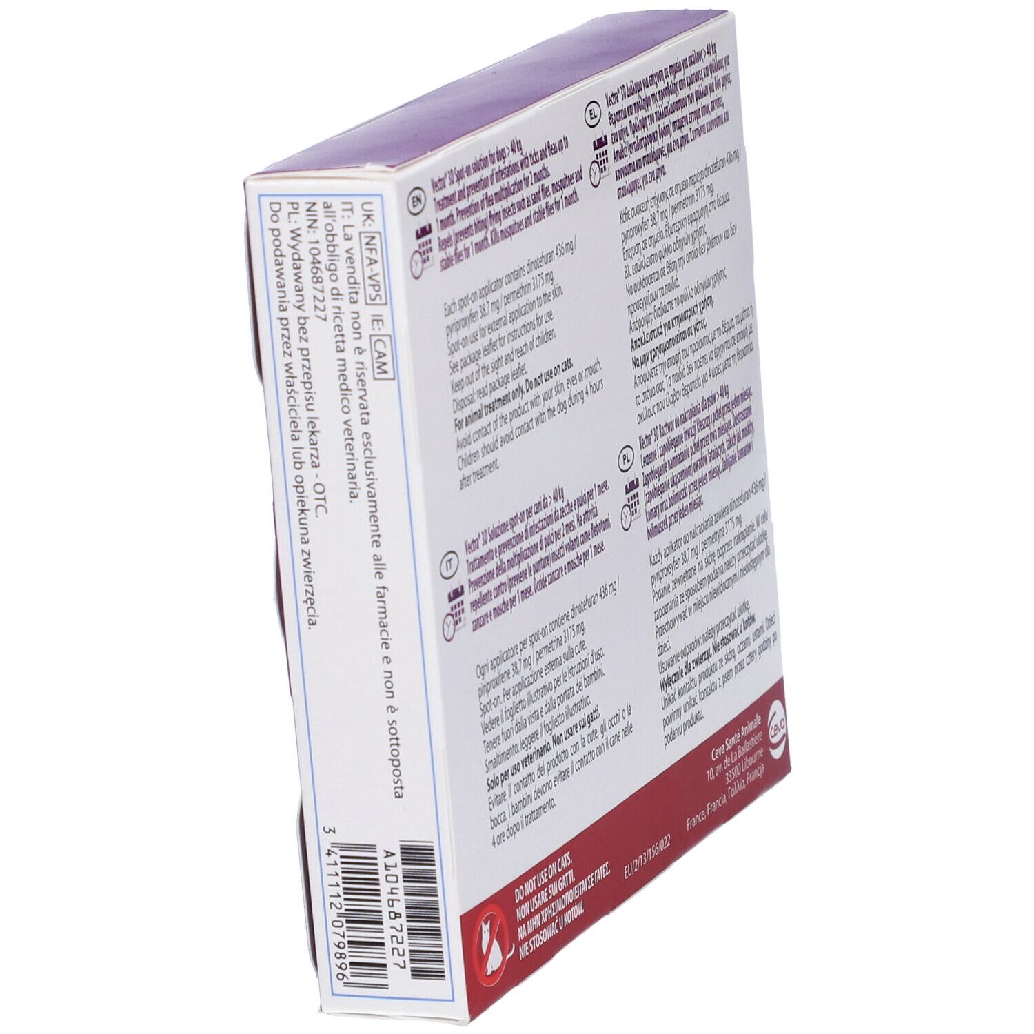 Retro della confezione. Testo multilingue. Informazioni sul produttore e avvertenze.