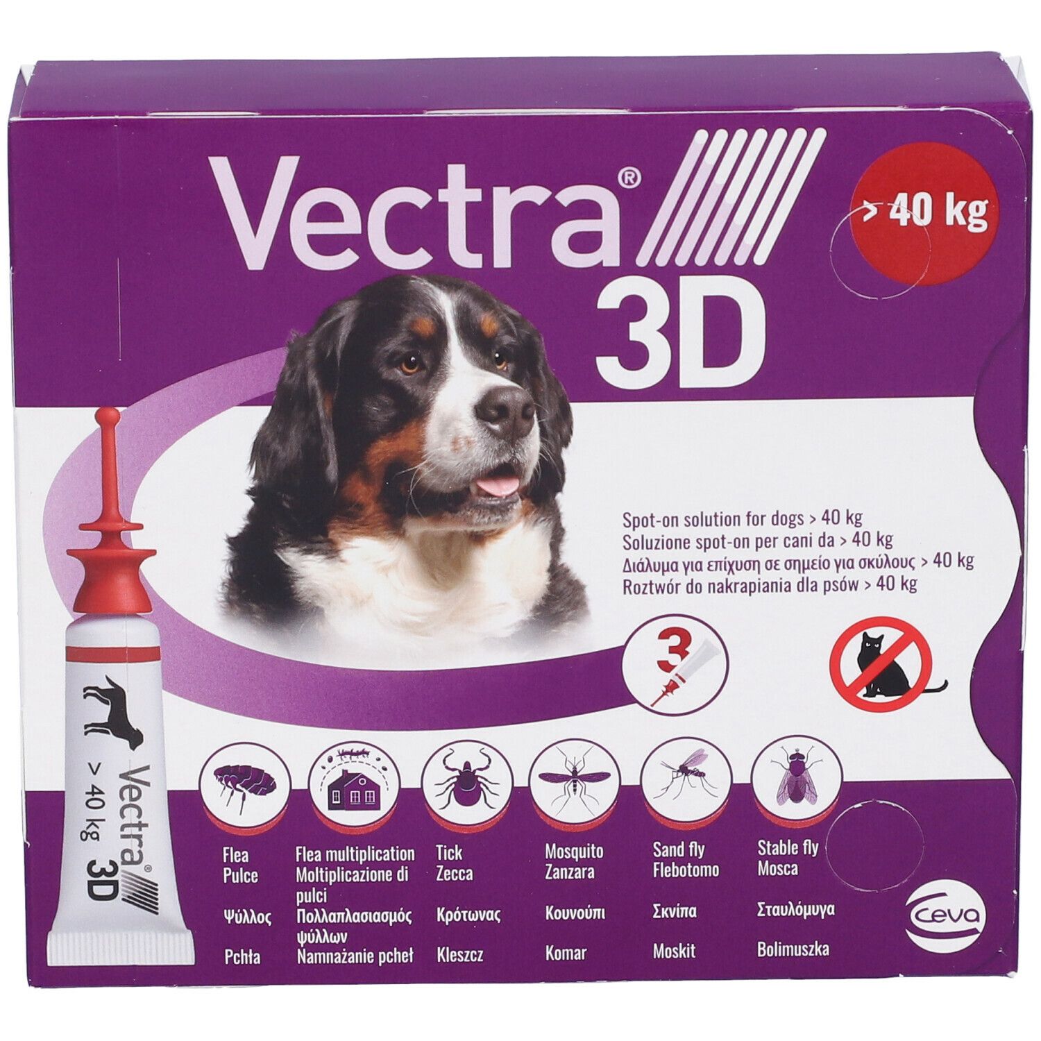 Confezione Vectra 3D per cani > 40 kg. Pipetta visibile. Illustrazioni di insetti. Viola e bianco.