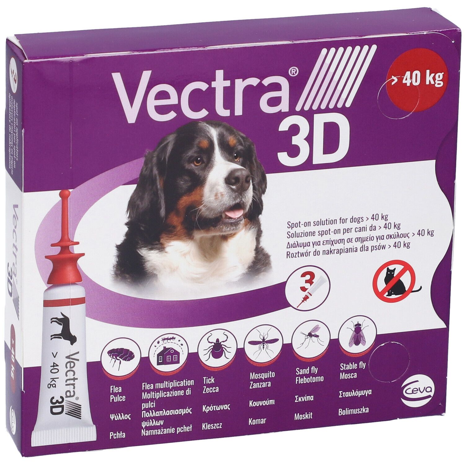 Confezione Vectra 3D per cani > 40 kg. Pipetta visibile. Illustrazioni di insetti. Viola e bianco.