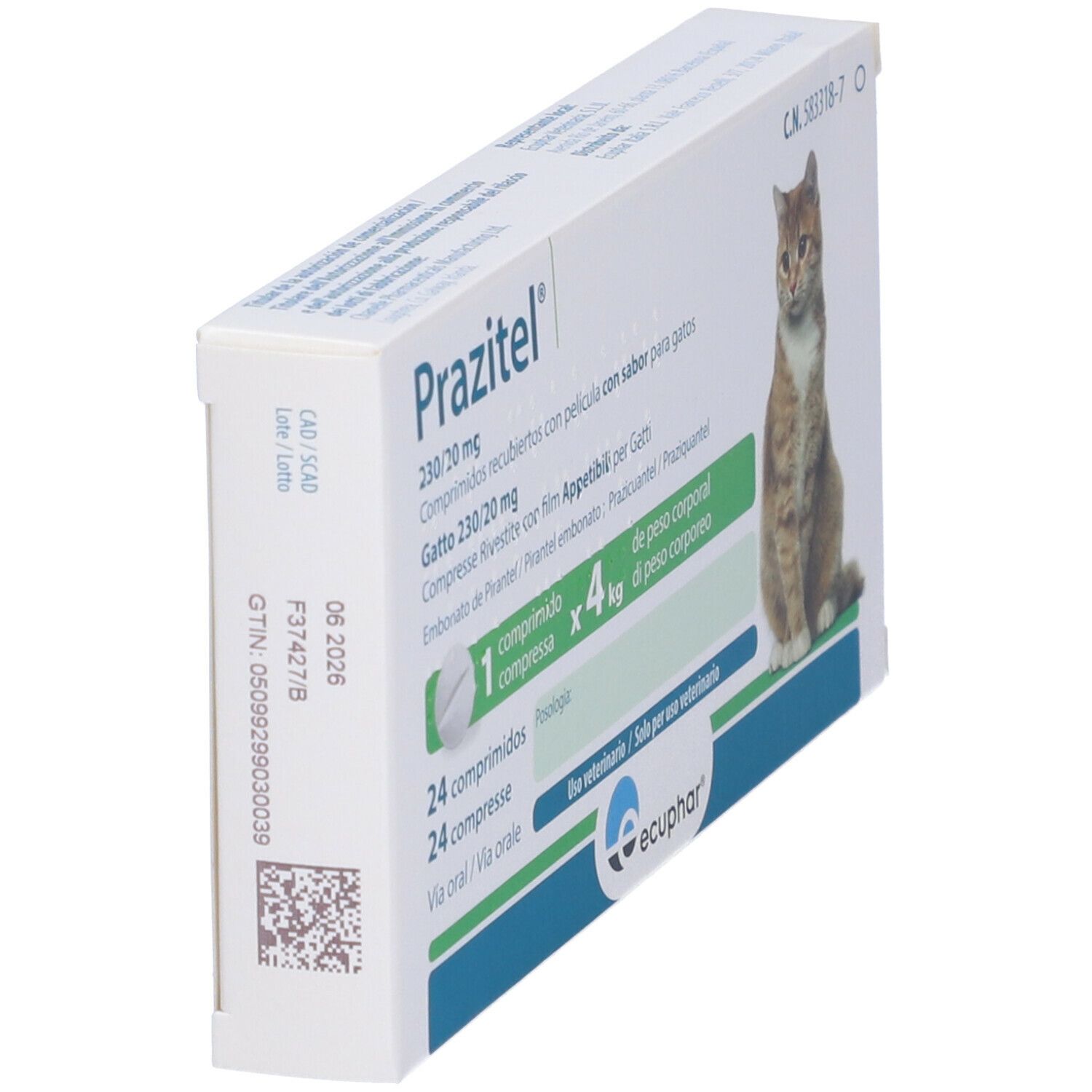 Scatola Prazitel Gatto 230/20 mg. Vista laterale. Stampa: gatto, compresse, dosaggio, logo, numero lotto.