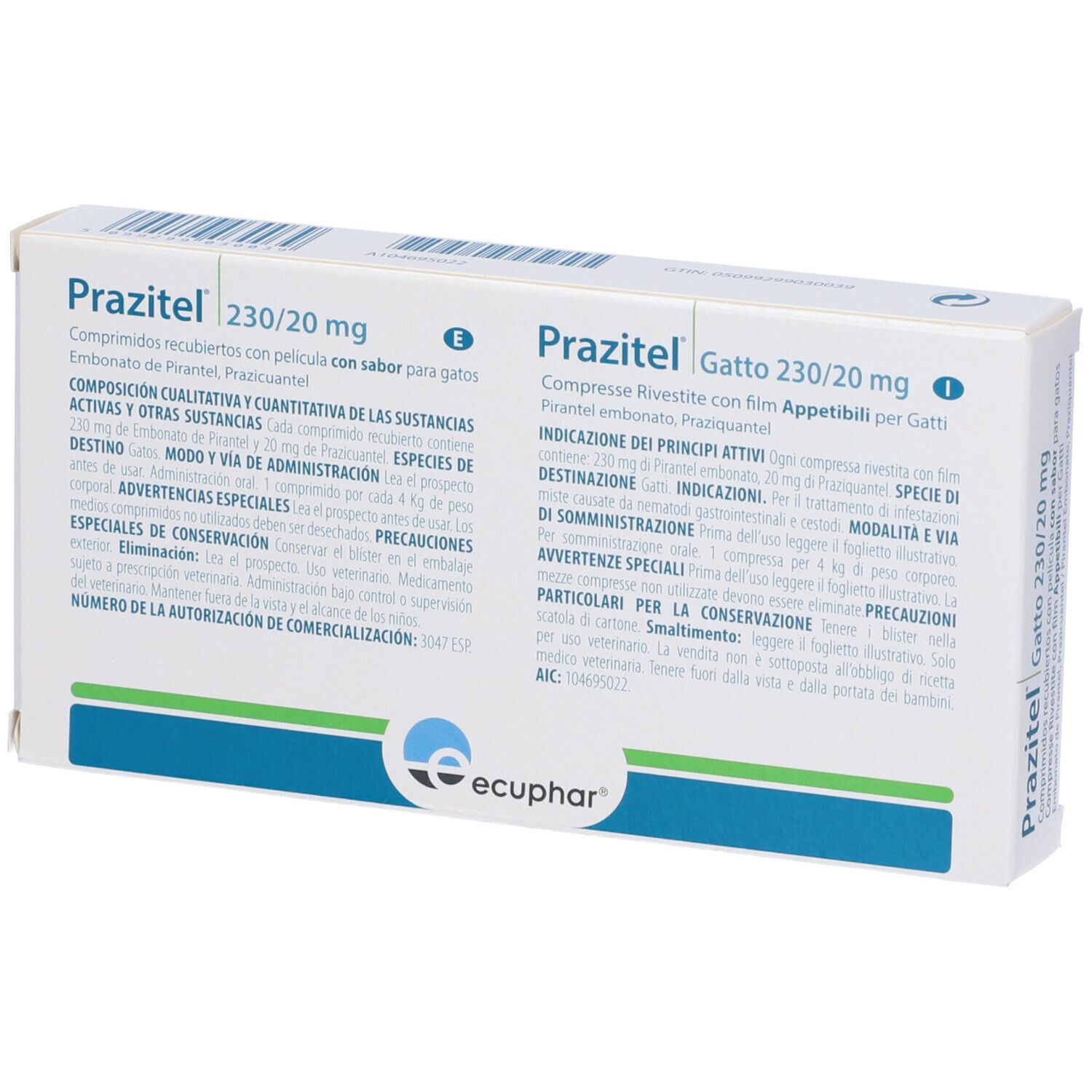 Retro della scatola Prazitel Gatto 230/20 mg. Testo multilingue. Logo del produttore.