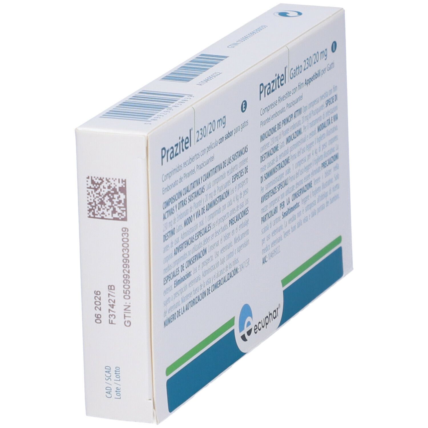 Vista laterale della scatola Prazitel Gatto 230/20 mg. Testo multilingue. Numero di lotto.