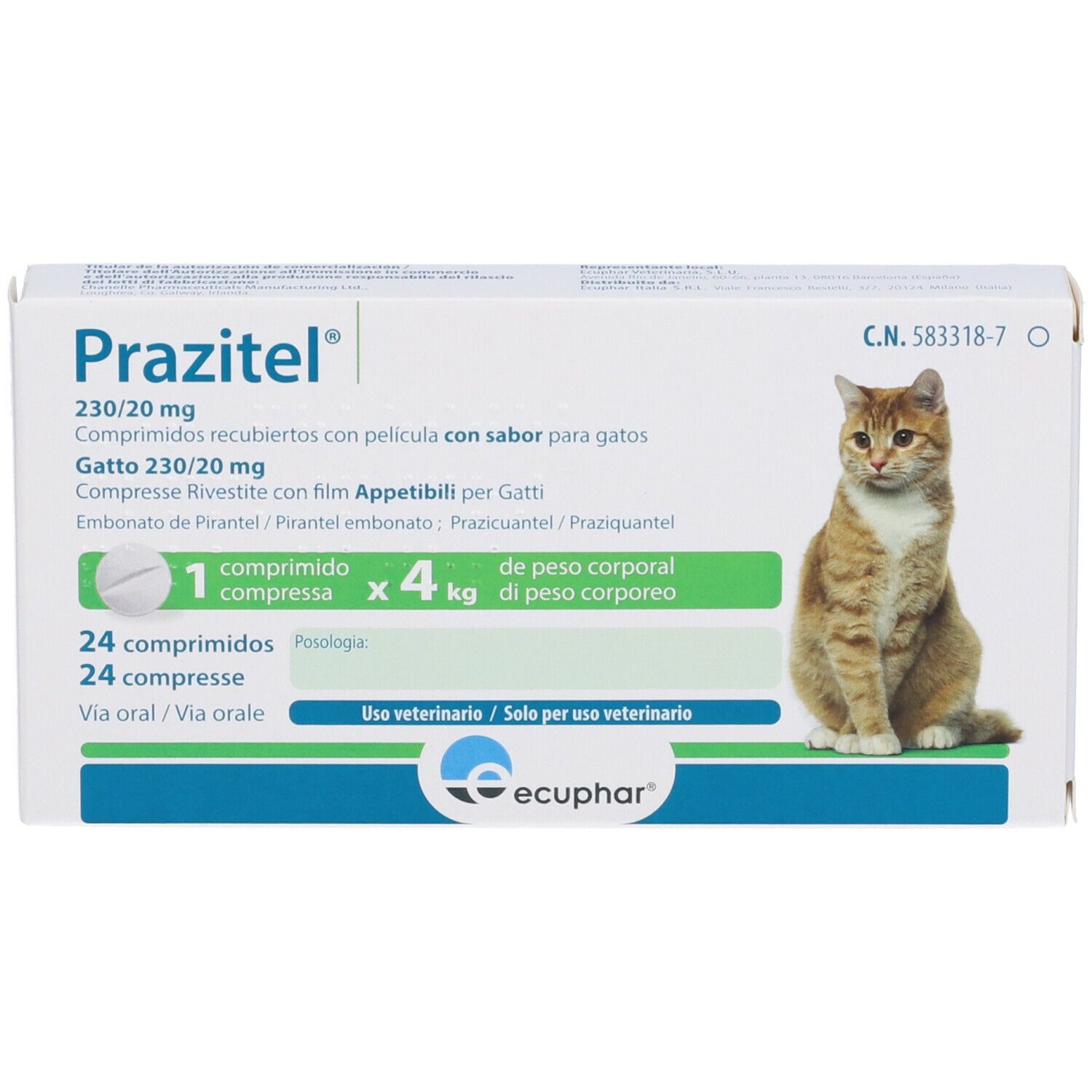 Scatola Prazitel Gatto 230/20 mg. Stampa: gatto, compresse, dosaggio. Logo del produttore.