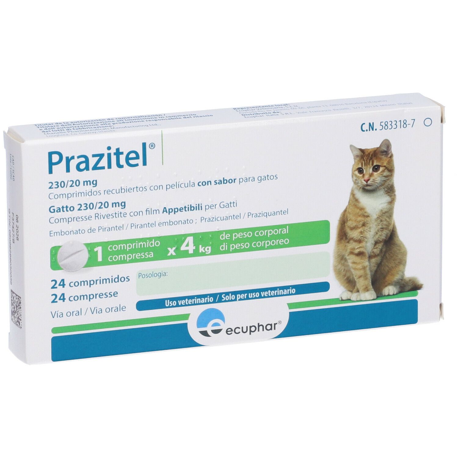 Scatola Prazitel Gatto 230/20 mg. Stampa: gatto, compresse, dosaggio. Logo del produttore.