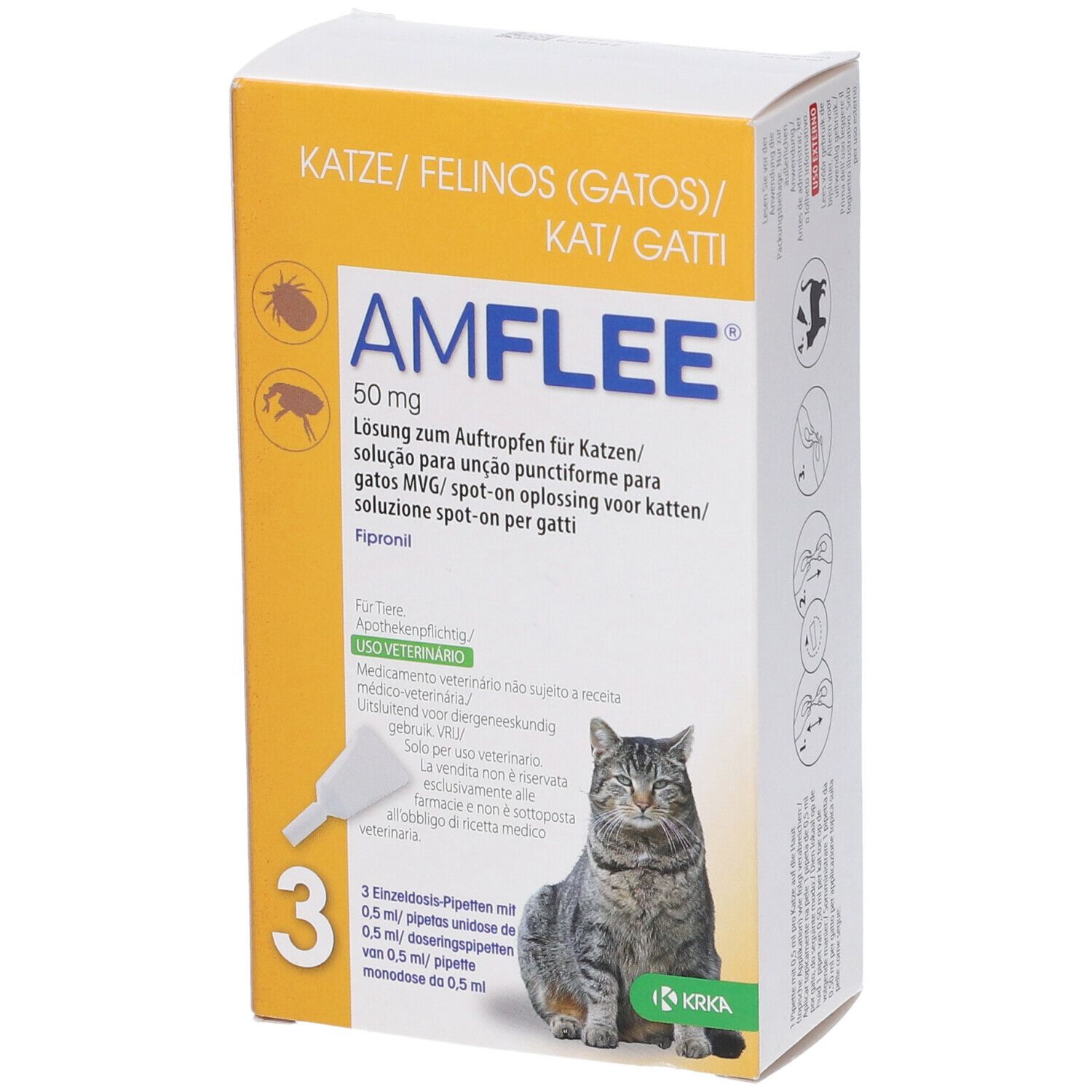 Confezione AMFLEE 50 mg per gatti, 3 pipette. Immagine di un gatto.
