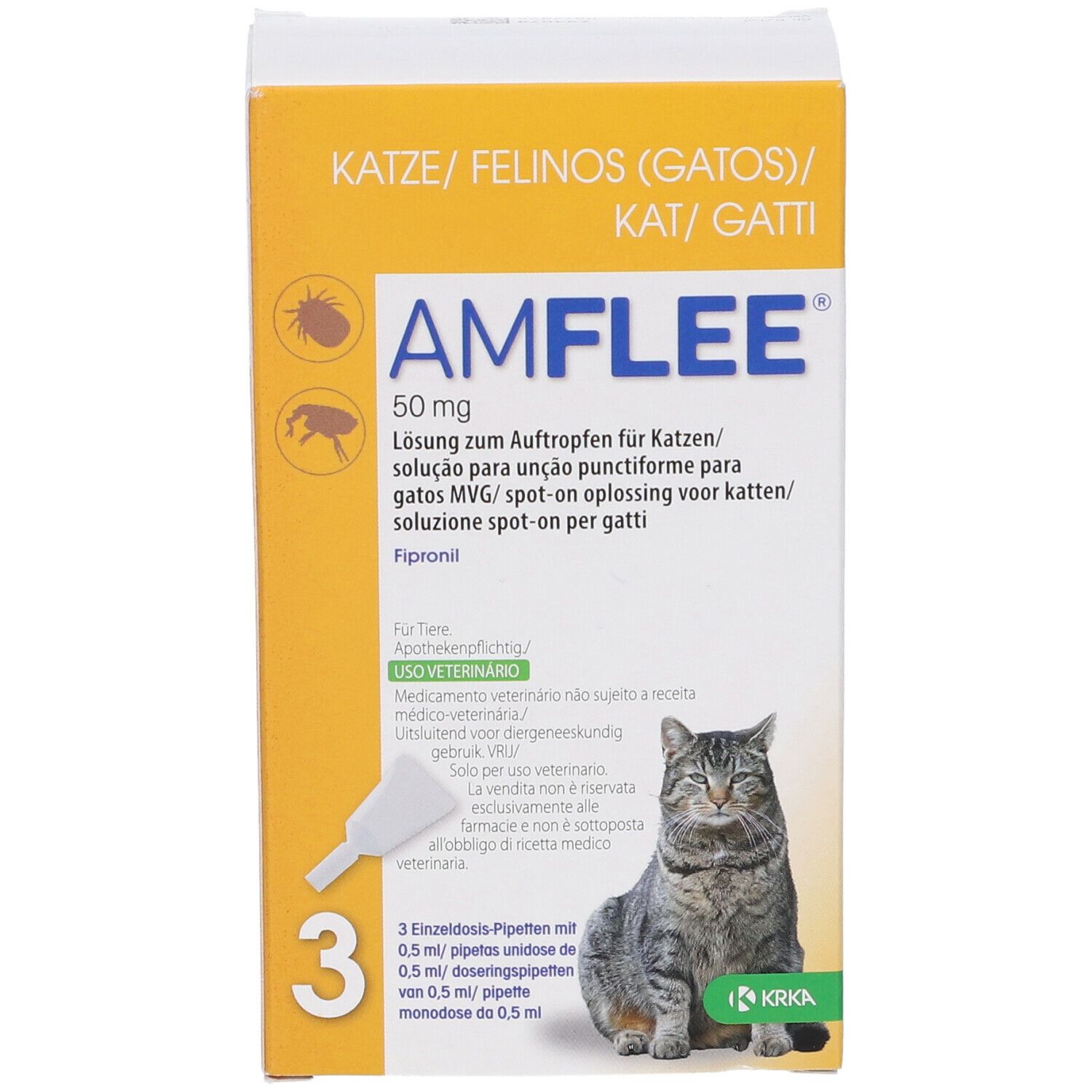 Confezione AMFLEE 50 mg per gatti, 3 pipette. Immagine di un gatto.