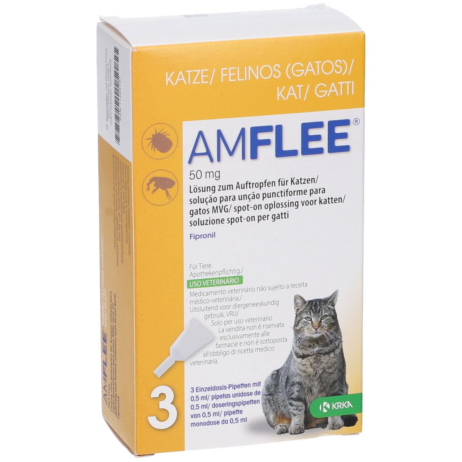 Confezione AMFLEE 50 mg per gatti, 3 pipette. Immagine di un gatto.