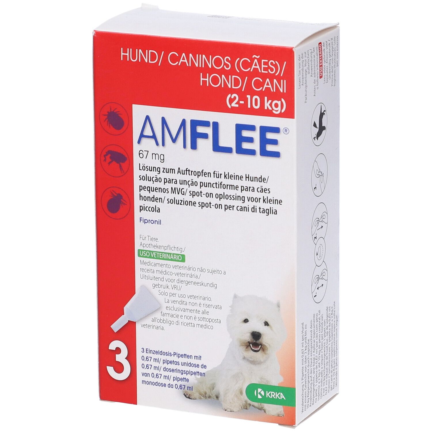 AMFLEE spot-on soluz 3 pipette 0,67 ml 67 mg cani da 2 a 10 Kg