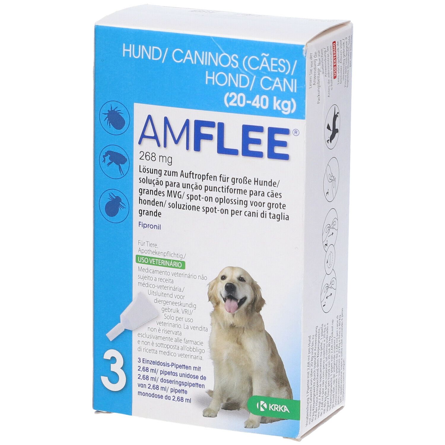 AMFLEE spot-on soluz 3 pipette 2,68 ml 268 mg cani da 20 a 40 Kg