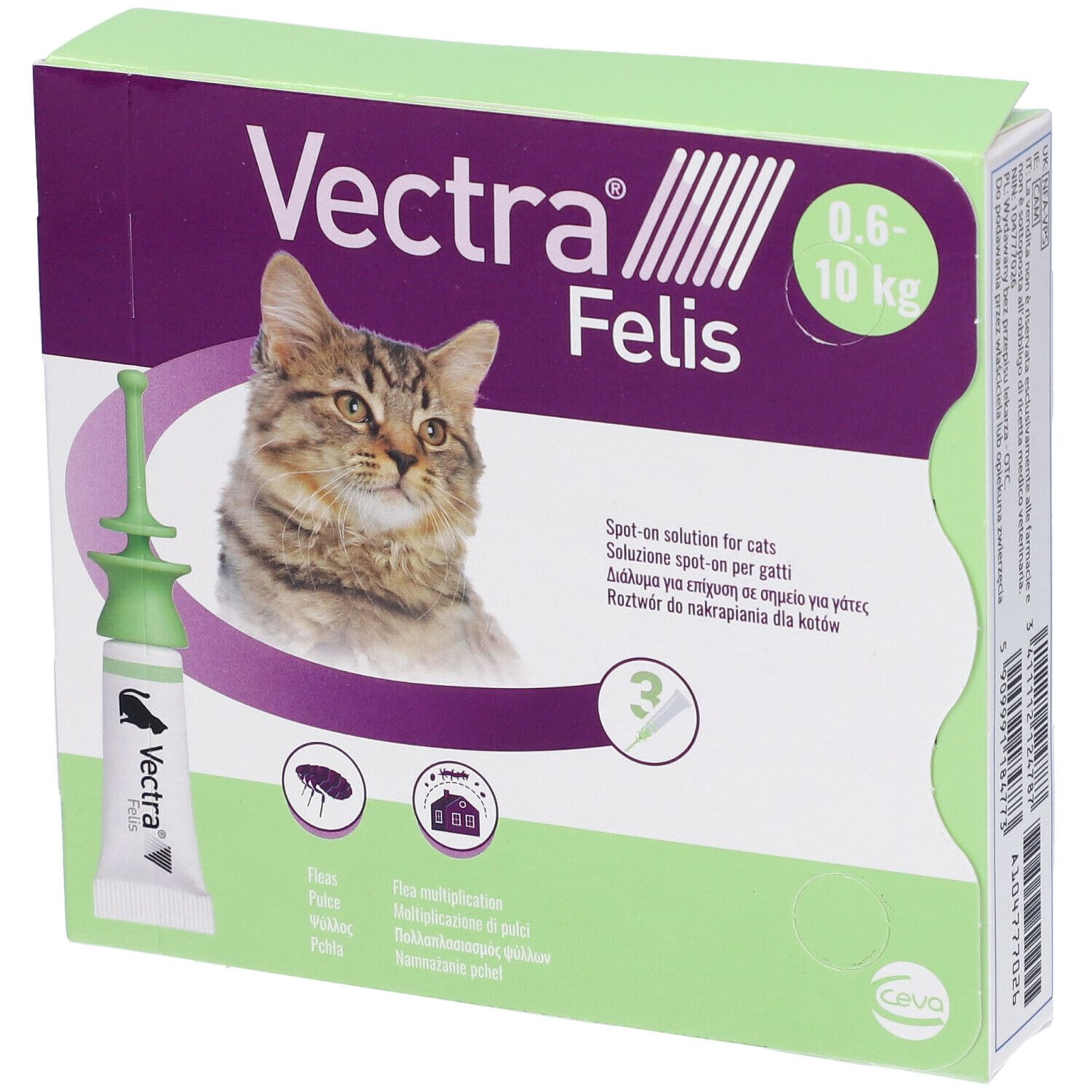 Confezione di Vectra Felis. Contiene un tubetto e l'illustrazione di un gatto. Scritta: 0,6-10 kg.