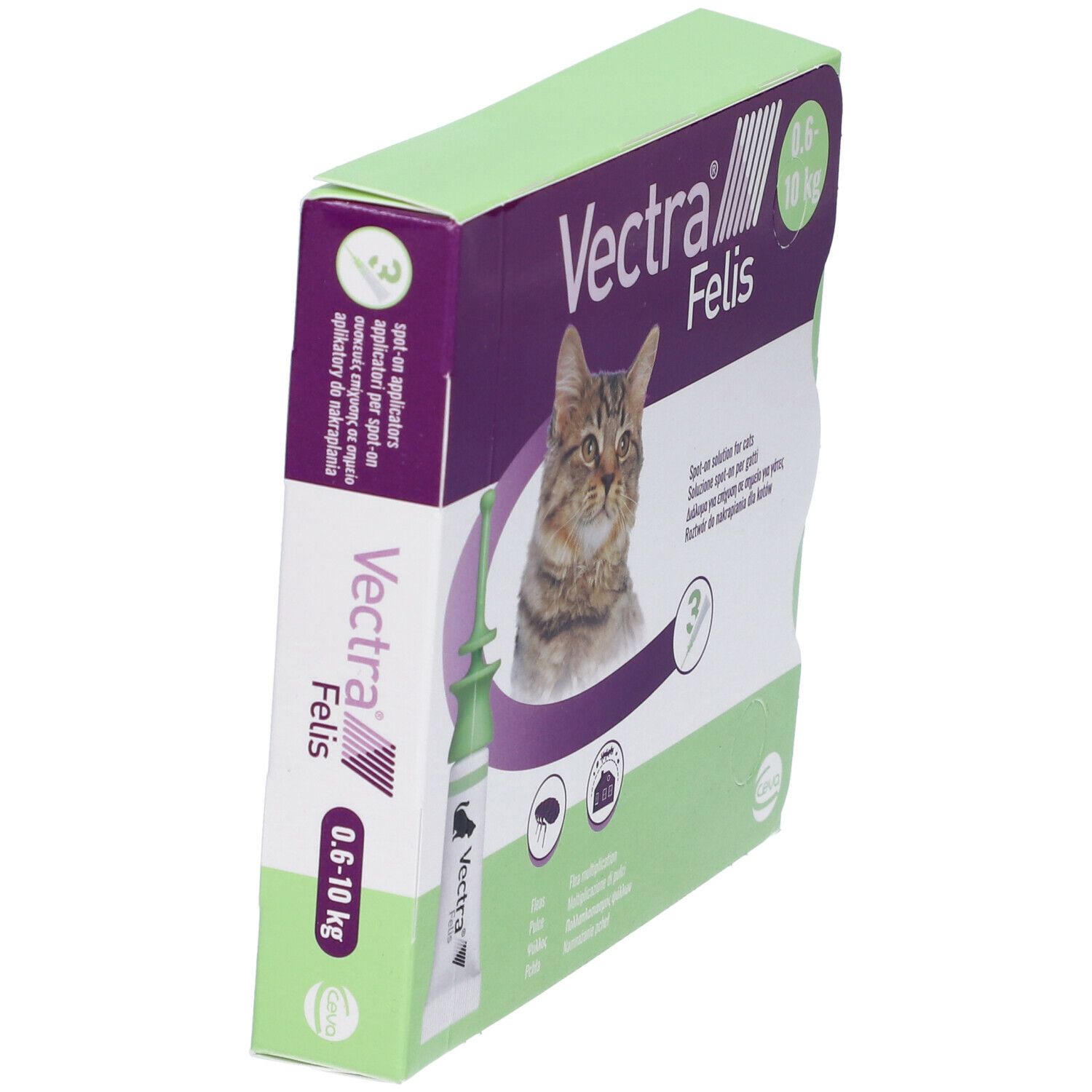Vista obliqua della confezione Vectra Felis. Mostra un tubetto e l'illustrazione di un gatto. Scritta: 0,6-10 kg.