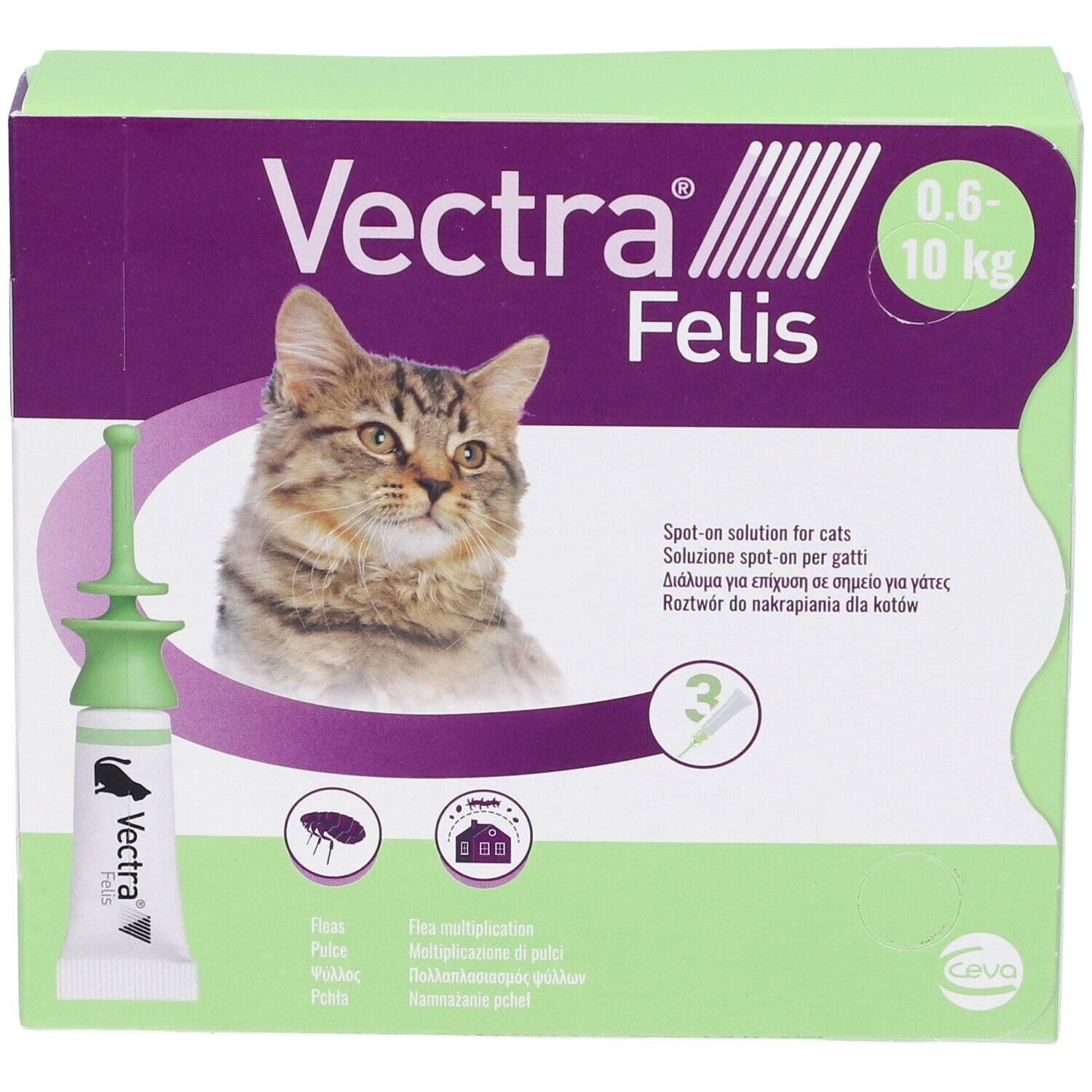 Confezione Vectra Felis. Mostra un tubetto e l'illustrazione di un gatto. Scritta: 0,6-10 kg.