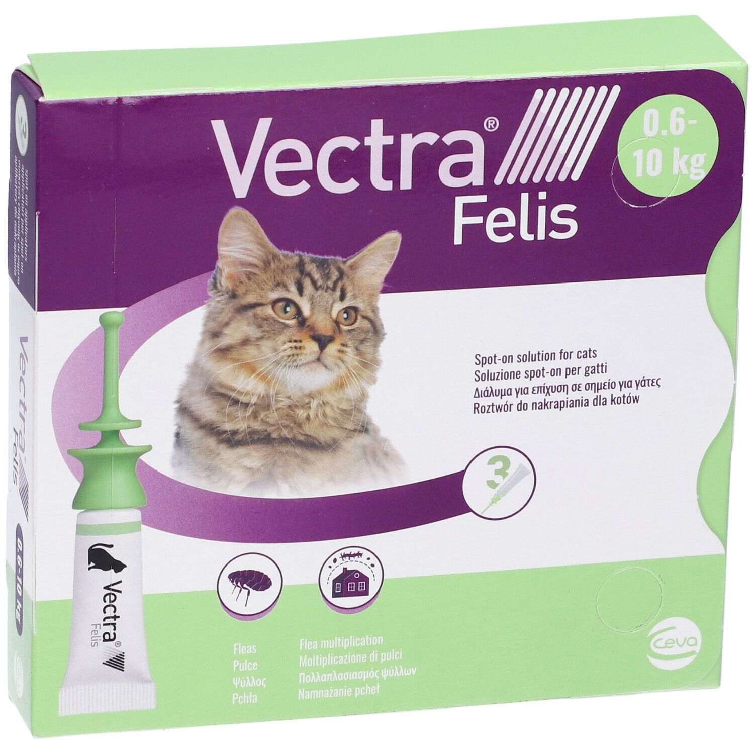 Confezione Vectra Felis. Mostra un tubetto e l'illustrazione di un gatto. Scritta: 0,6-10 kg.