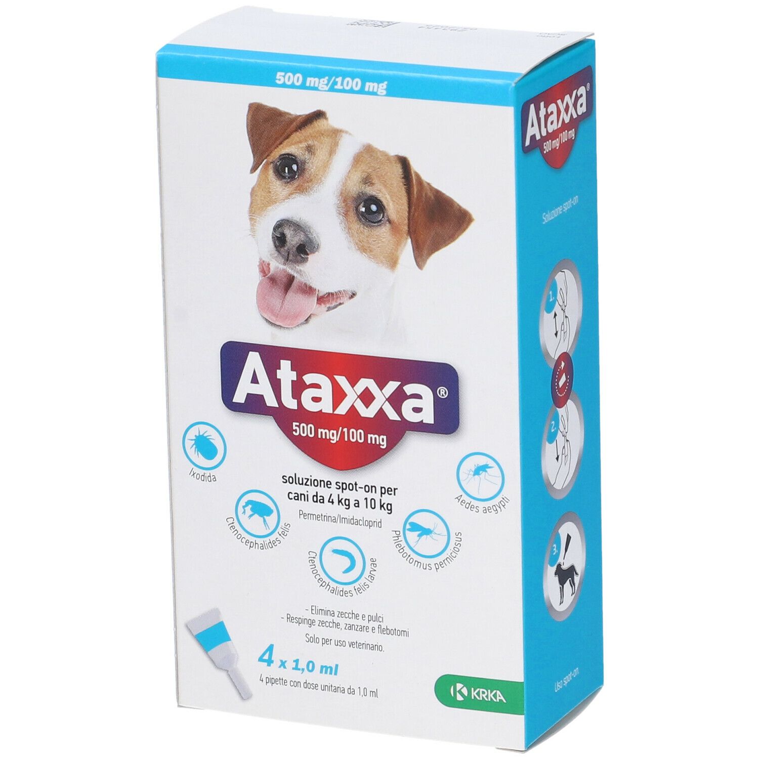 Scatola Ataxxa, cane in primo piano. Contiene 4 pipette. 500 mg/100 mg. Per cani da 4 kg a 10 kg.