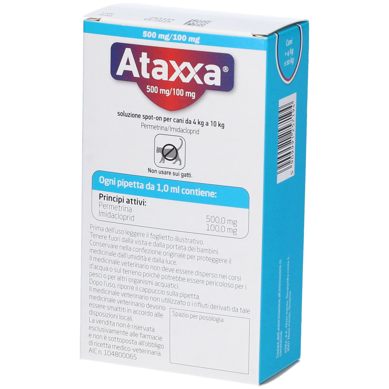 Retro della confezione Ataxxa. Testo con ingredienti e dosaggio. Non per gatti. 500 mg/100 mg.