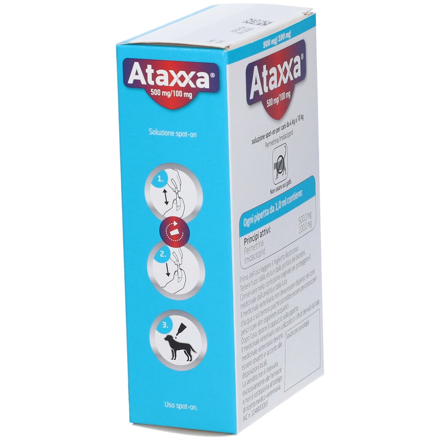 Lato della confezione Ataxxa con istruzioni. 500 mg/100 mg. Per cani da 4 kg a 10 kg. Illustrazioni.