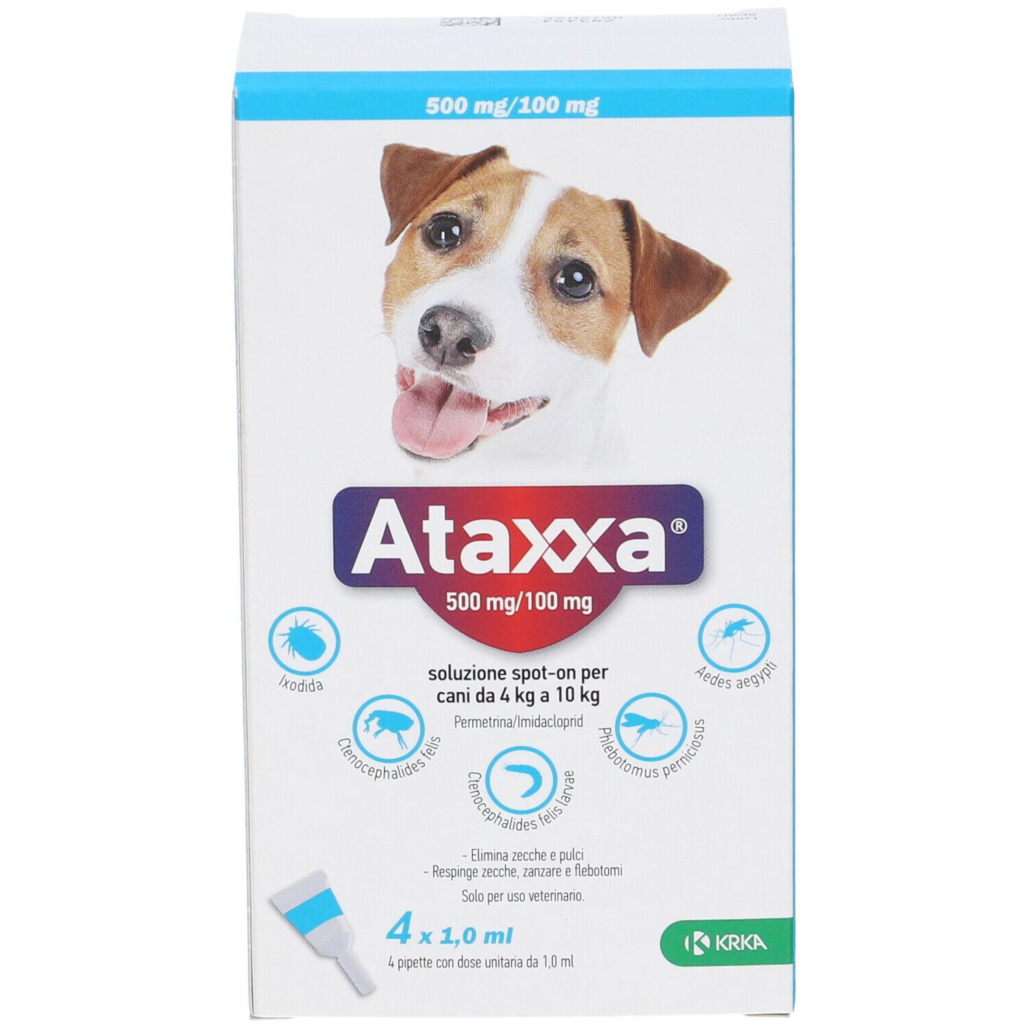 Confezione Ataxxa con cane. Contiene 4 pipette. 500 mg/100 mg. Per cani da 4 kg a 10 kg. Illustrazioni.