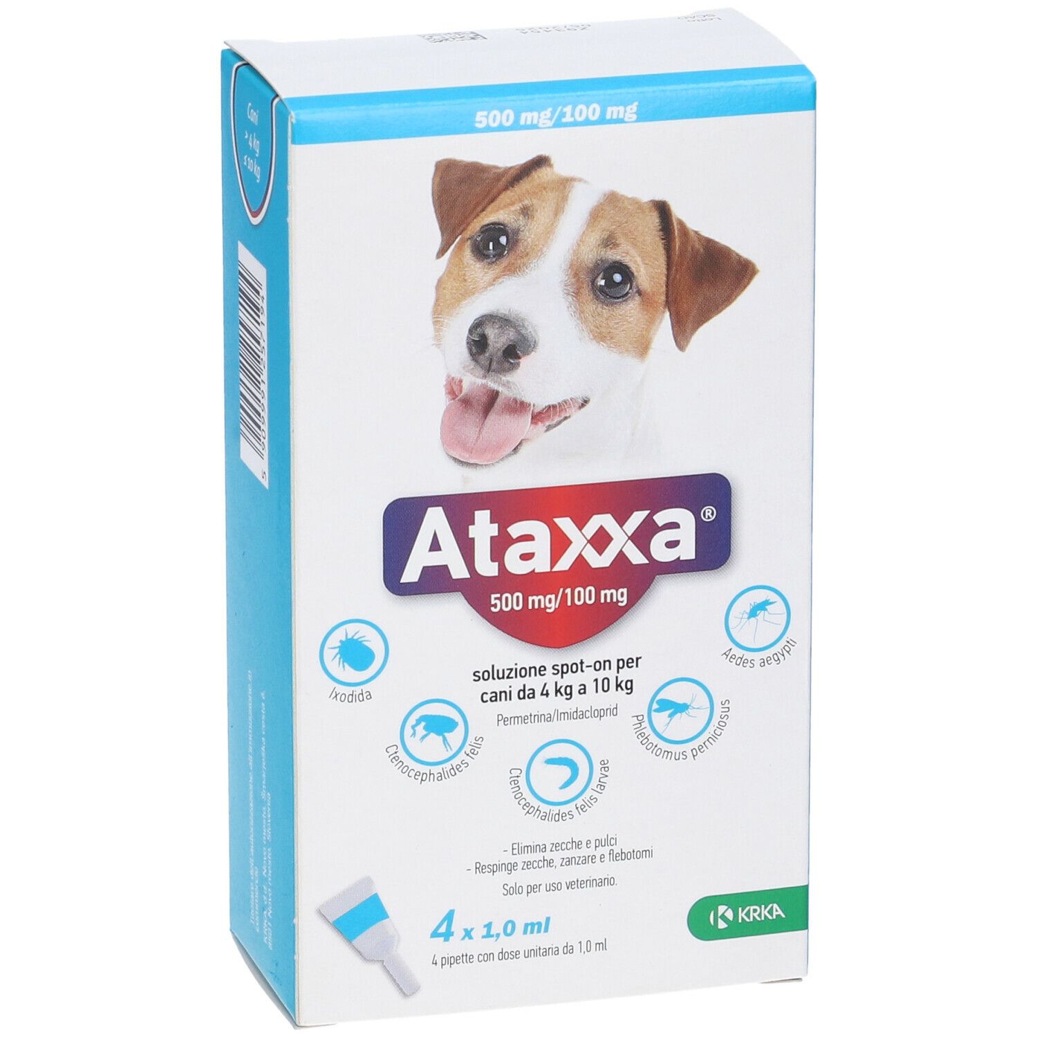 Confezione Ataxxa con cane. Contiene 4 pipette. 500 mg/100 mg. Per cani da 4 kg a 10 kg. Illustrazioni.