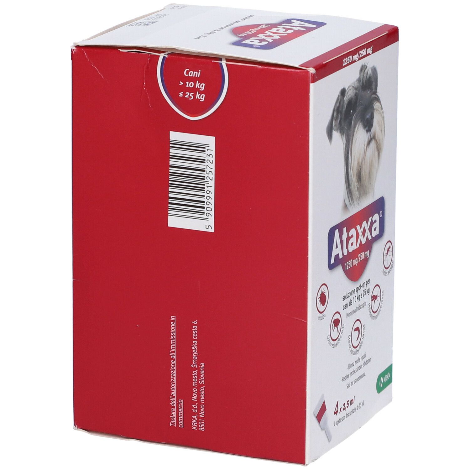 Retro della confezione Ataxxa. Indicazione per cani 10 kg-25 kg. Codice a barre e informazioni produttore.