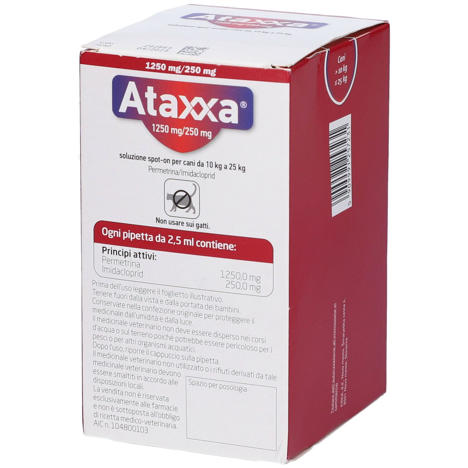 Confezione Ataxxa, 1250 mg/250 mg. Contiene 4 pipette. Principi attivi: Permetrina, Imidacloprid. Testo e istruzioni.