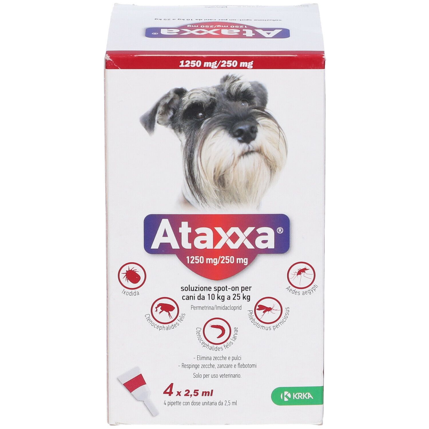 Scatola Ataxxa, 1250 mg/250 mg, per cani 10 kg-25 kg. Contiene 4 pipette. Immagine di un cane.