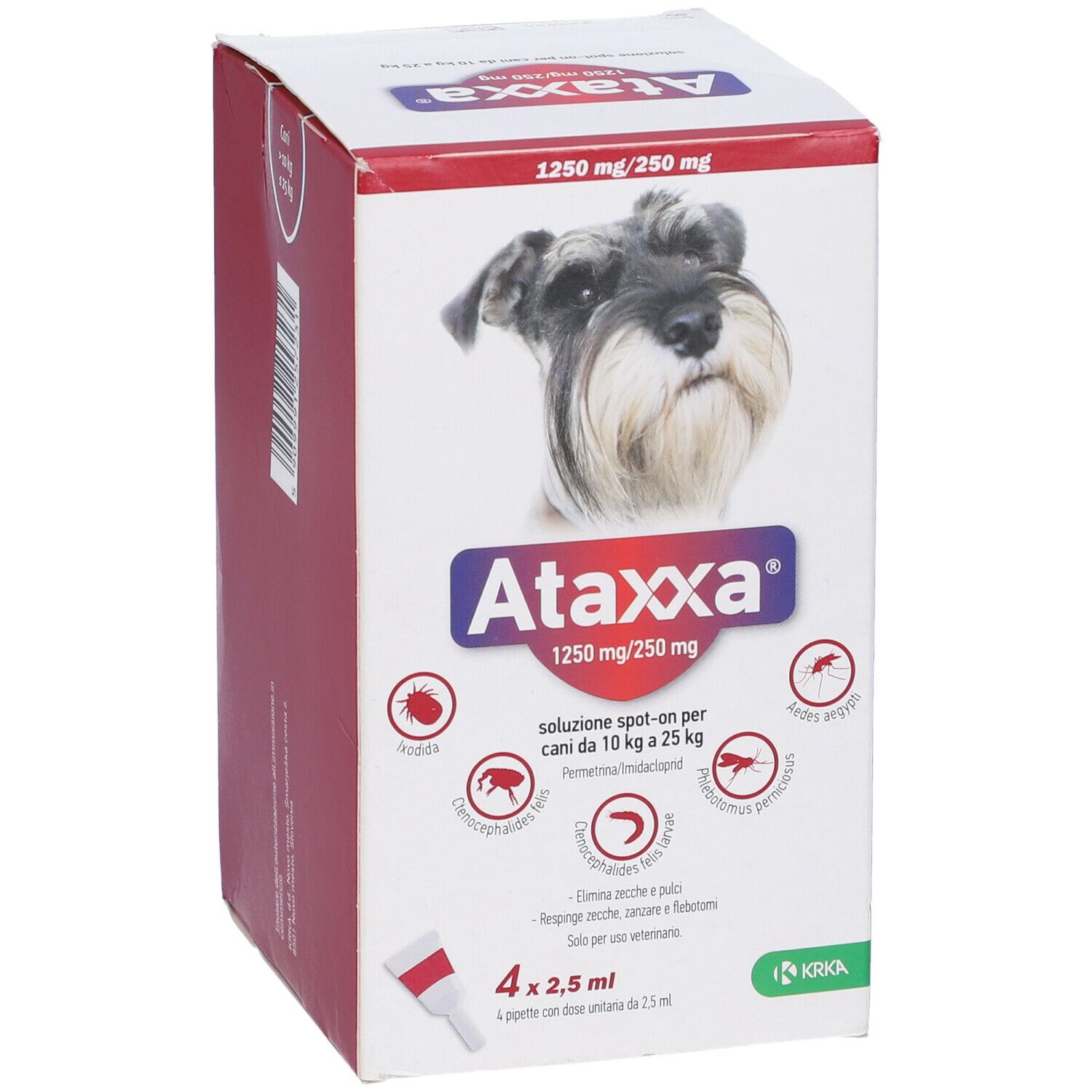 Scatola Ataxxa, 1250 mg/250 mg, per cani 10 kg-25 kg. Contiene 4 pipette. Immagine di un cane.