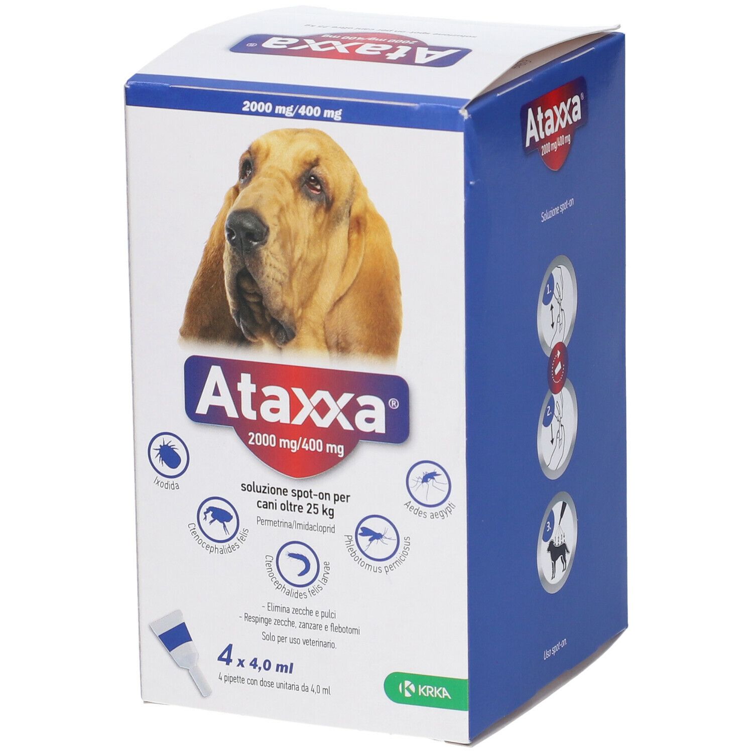 Scatola Ataxxa per cani oltre 25 kg. Contiene 4 pipette. Dettagli dosaggio e ingredienti. Immagine di un cane.