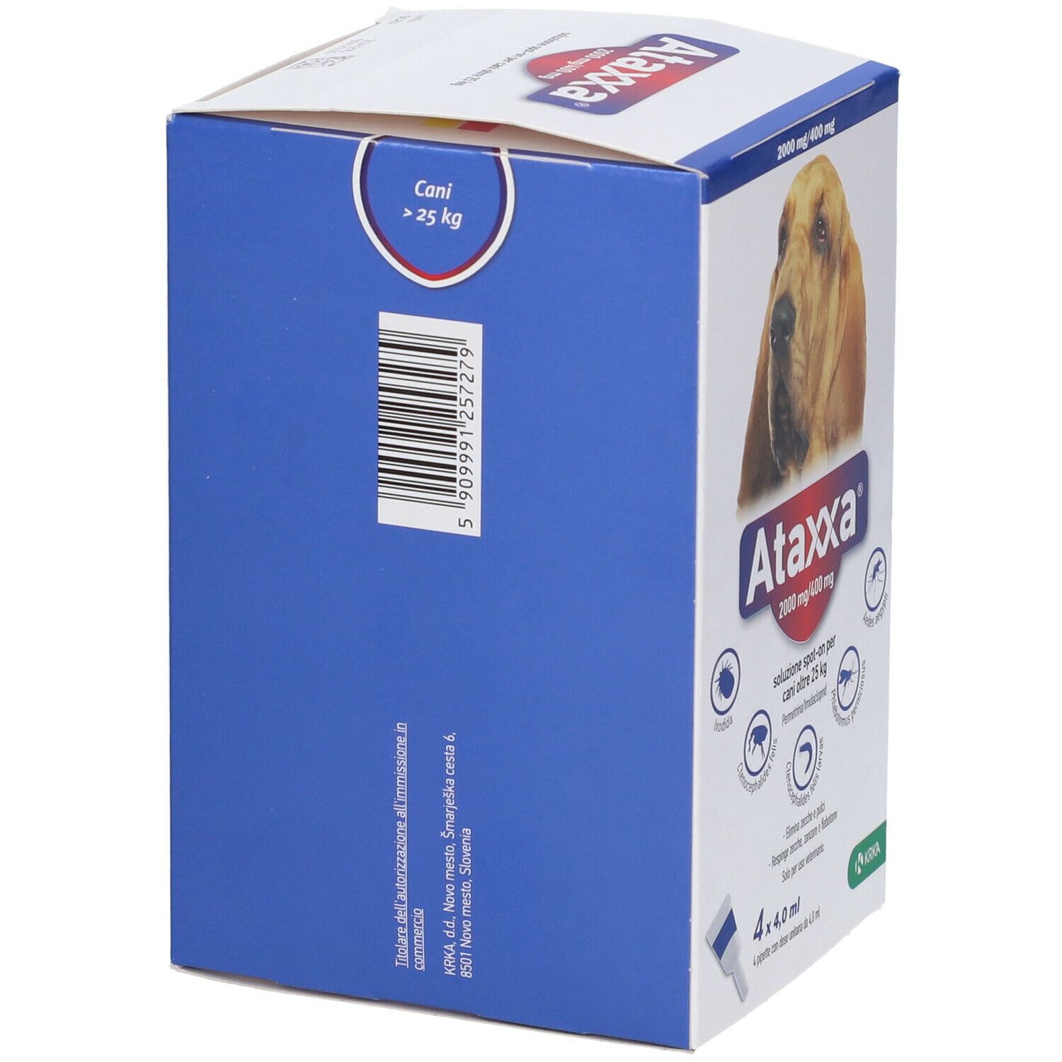 Lato blu della confezione Ataxxa. Codice a barre e testo. Per cani >25 kg. Nome del prodotto e immagine di un cane.