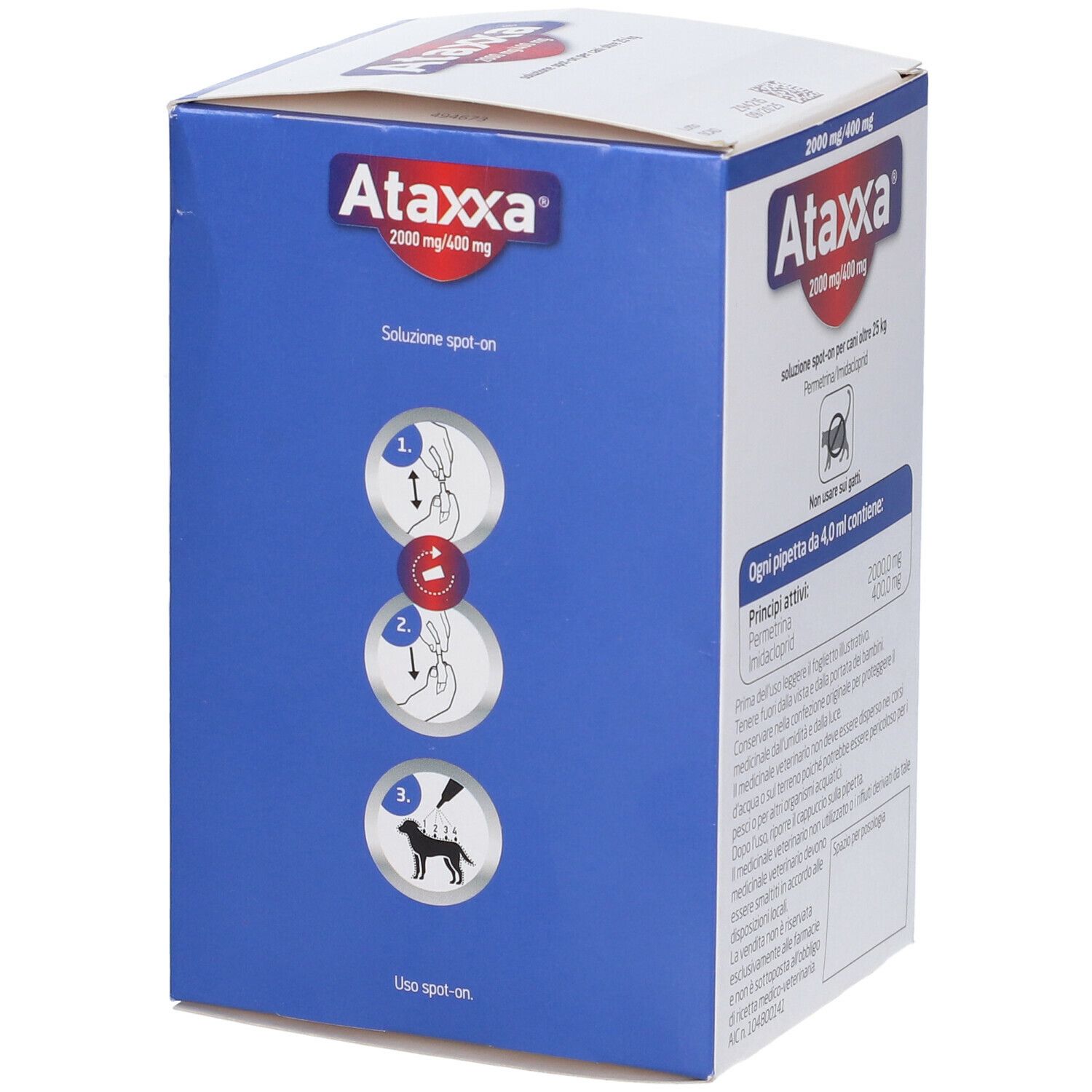 Confezione Ataxxa. Illustrazione dell'applicazione. Per cani >25 kg. Nome del prodotto e dosaggio.