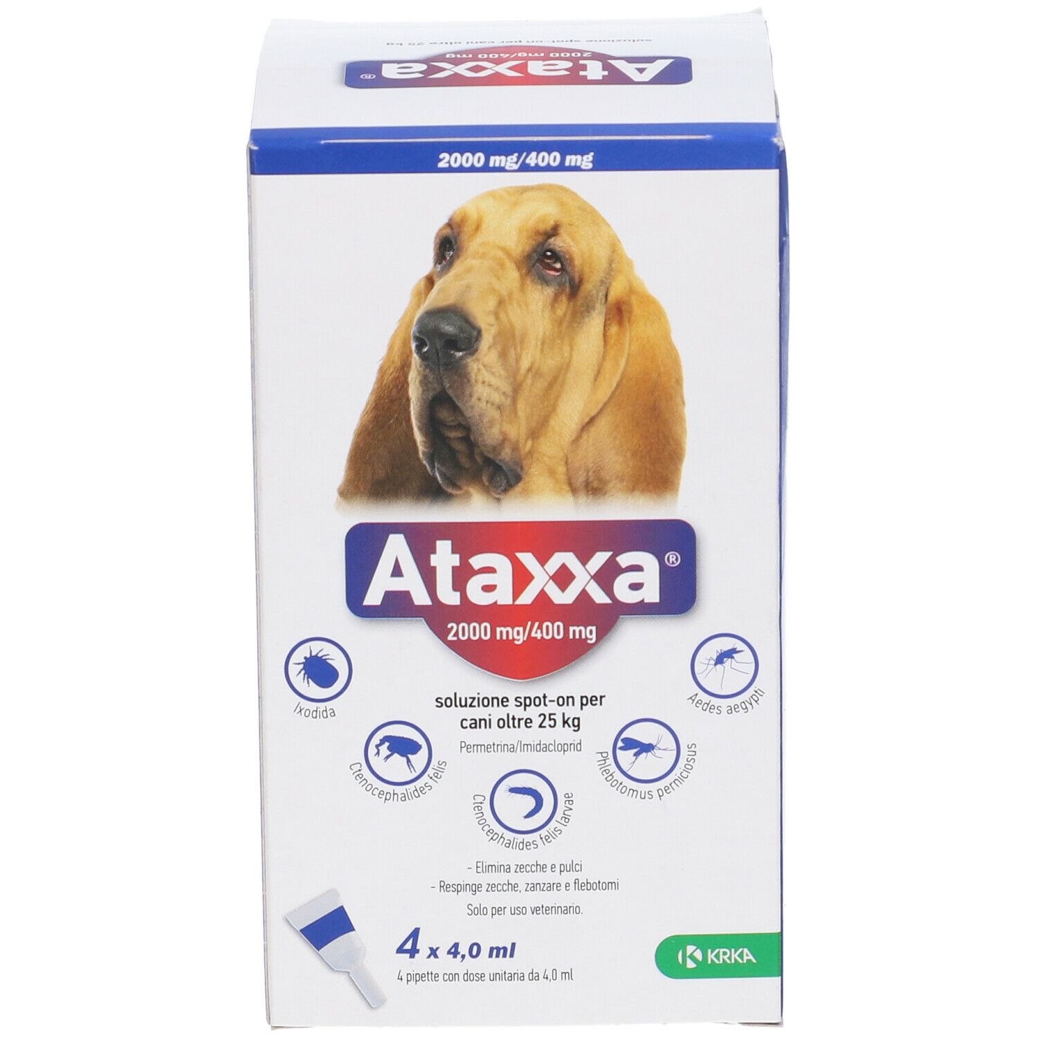 Confezione Ataxxa. Nome del prodotto, dosaggio e immagine di un cane. Contiene 4 pipette.