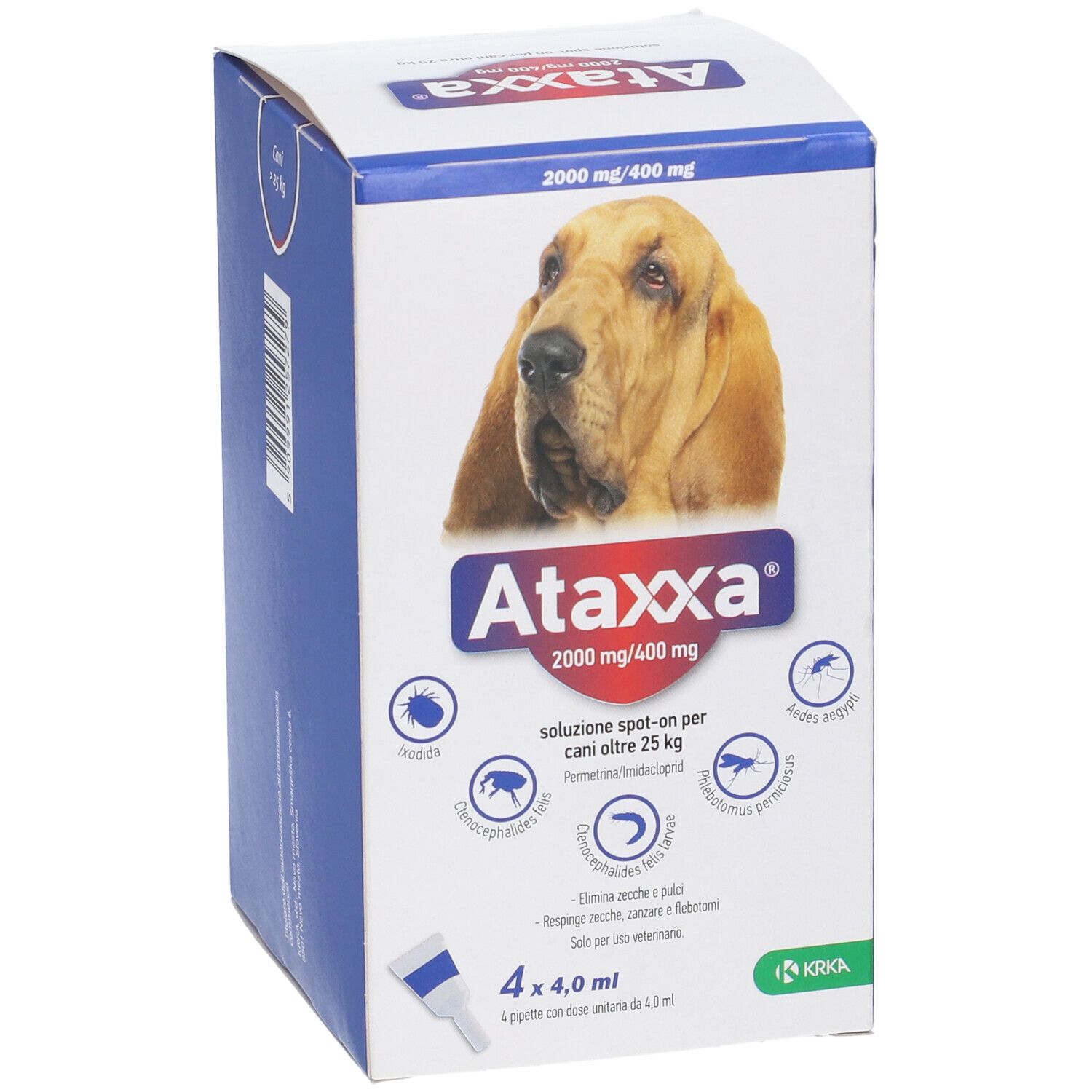 Confezione Ataxxa. Nome del prodotto, dosaggio e immagine di un cane. Contiene 4 pipette.