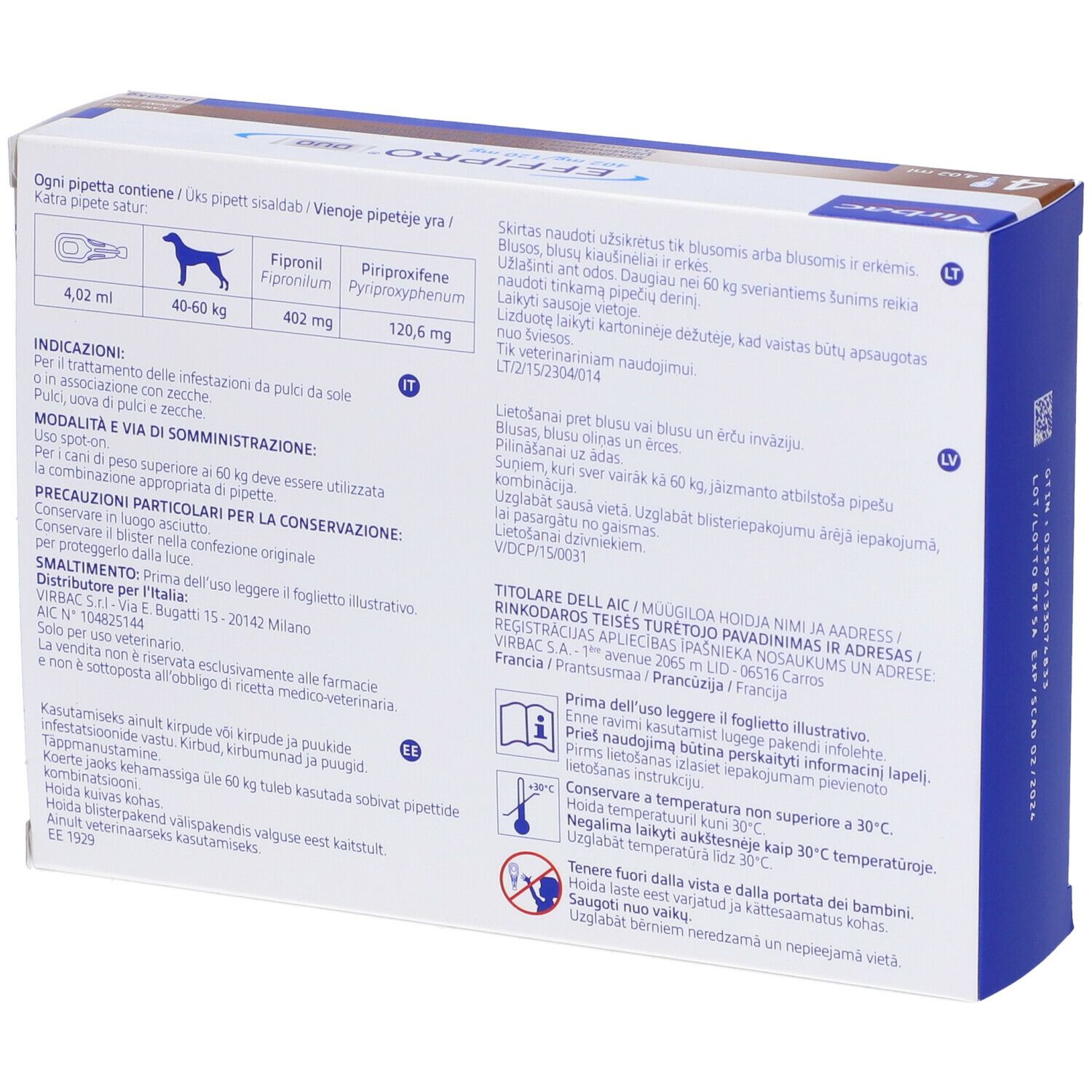 Retro della confezione EFFIPRO DUO. Testo multilingue. Contiene informazioni sull'uso.