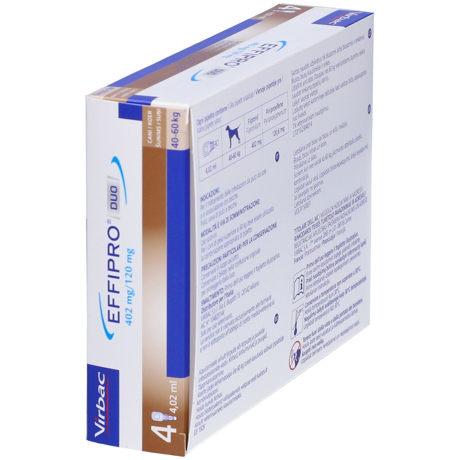 Confezione di EFFIPRO DUO. Contiene 4 pipette. Indicazione: cani 40-60 kg. Contiene 402 mg/120 mg.