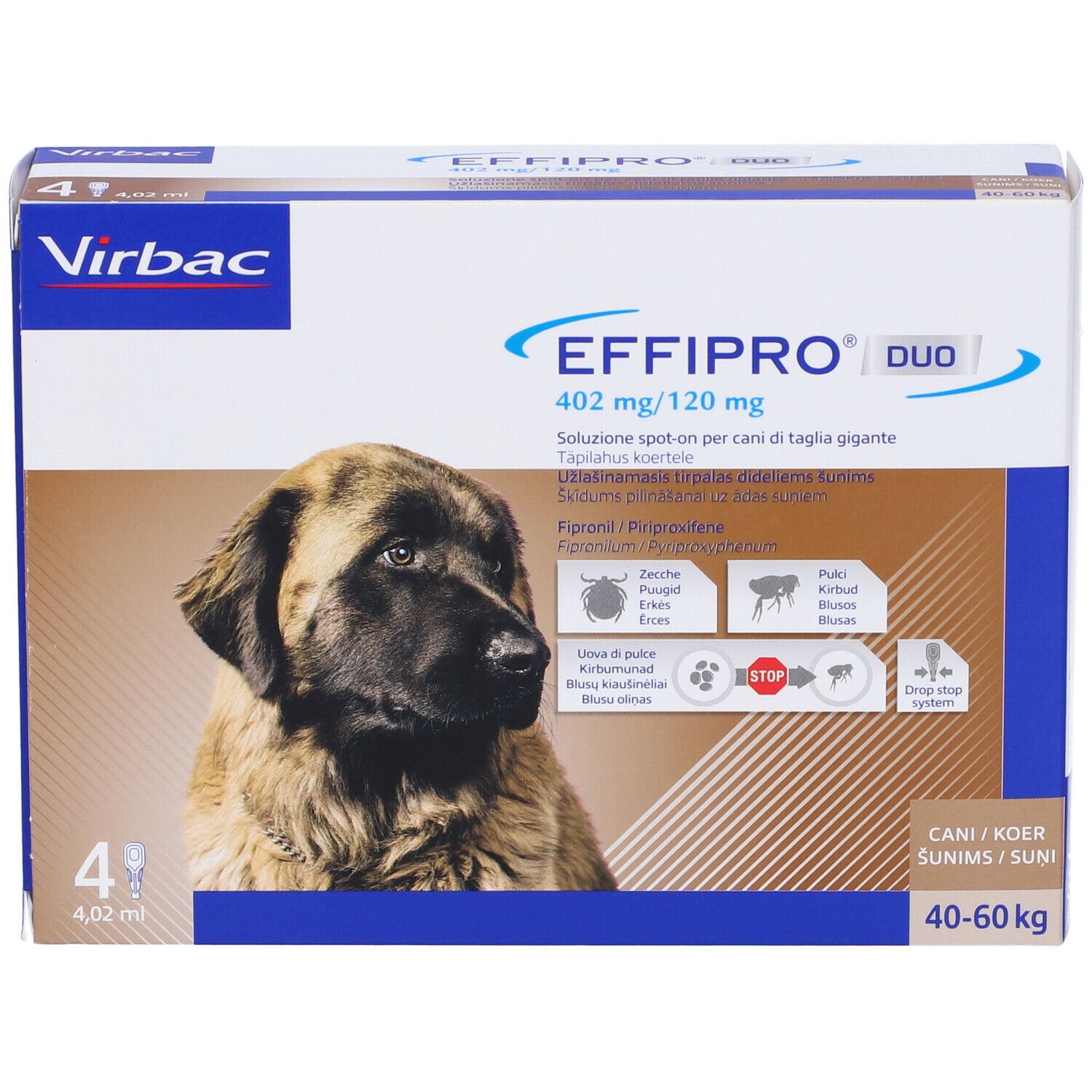 Confezione di EFFIPRO DUO. Contiene 4 pipette. Indicazione: cani 40-60 kg. Contiene 402 mg/120 mg.